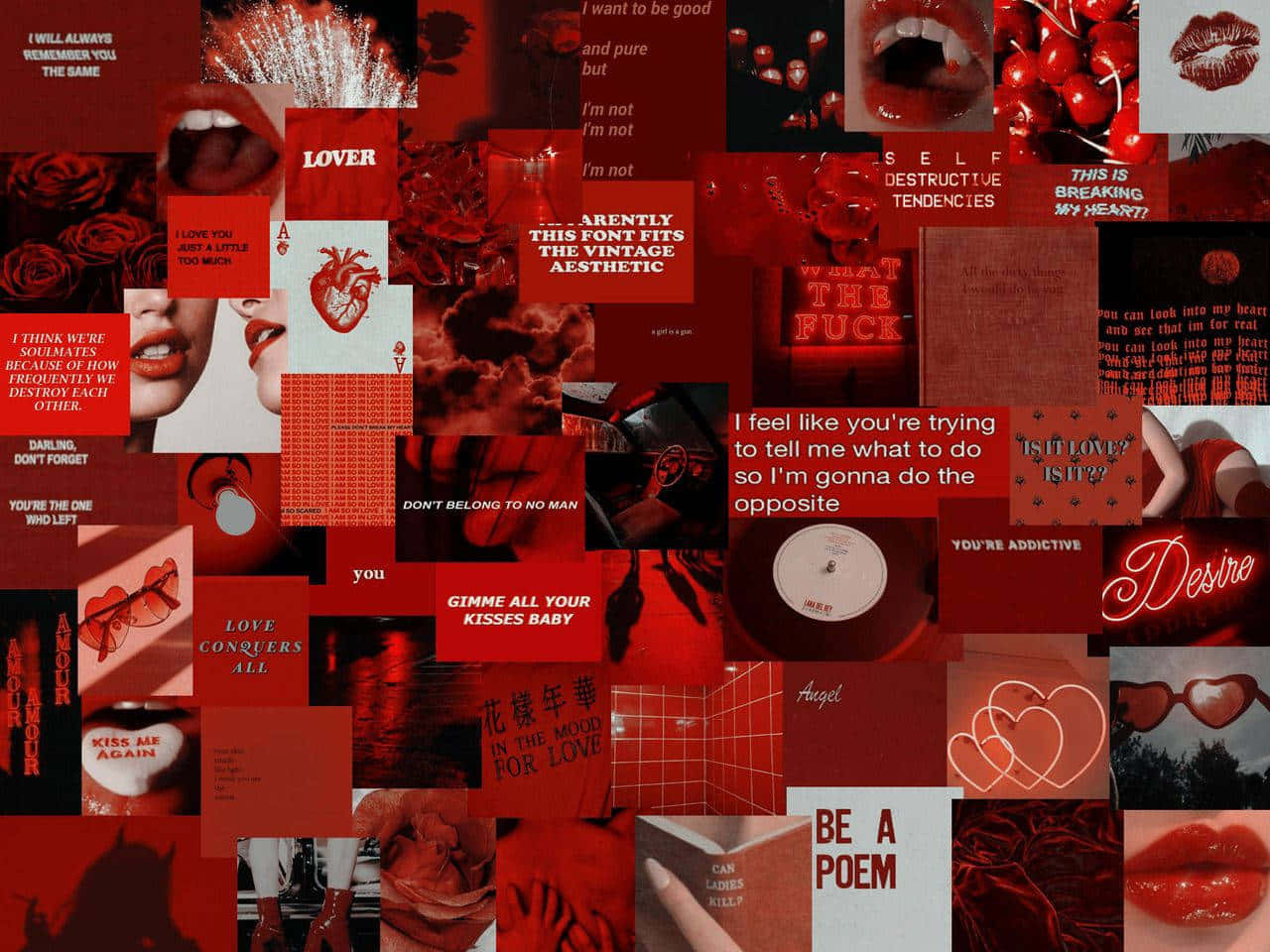 red collage, lips, hearts, HD Desktop Wallpaper