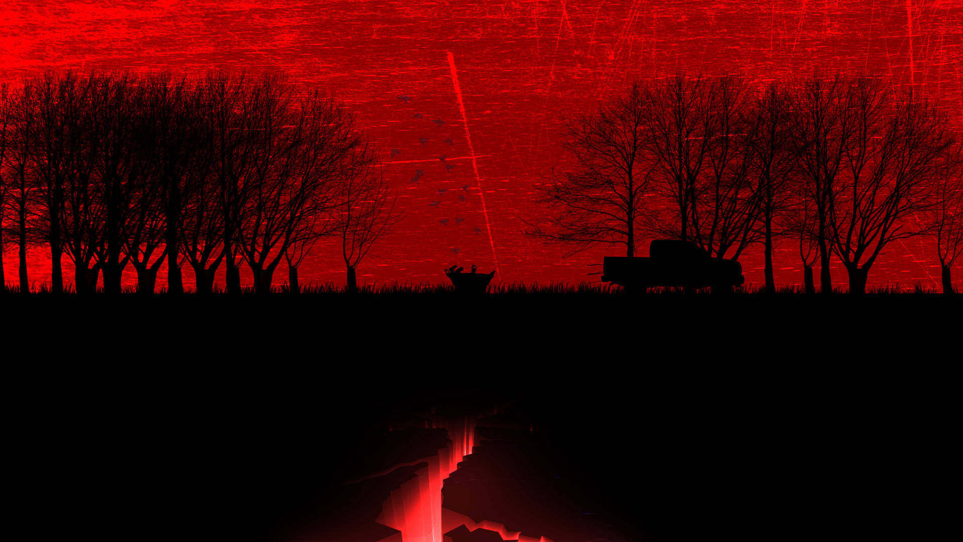 blood red sky, glitchy digital distortion, silhouetted trees, Full HD Desktop Wallpaper
