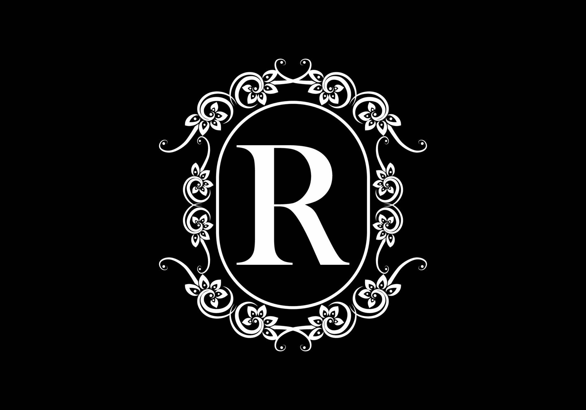 Black And White Dainty Letter R, white letter R, ornate circular frame, Full HD Desktop Wallpaper