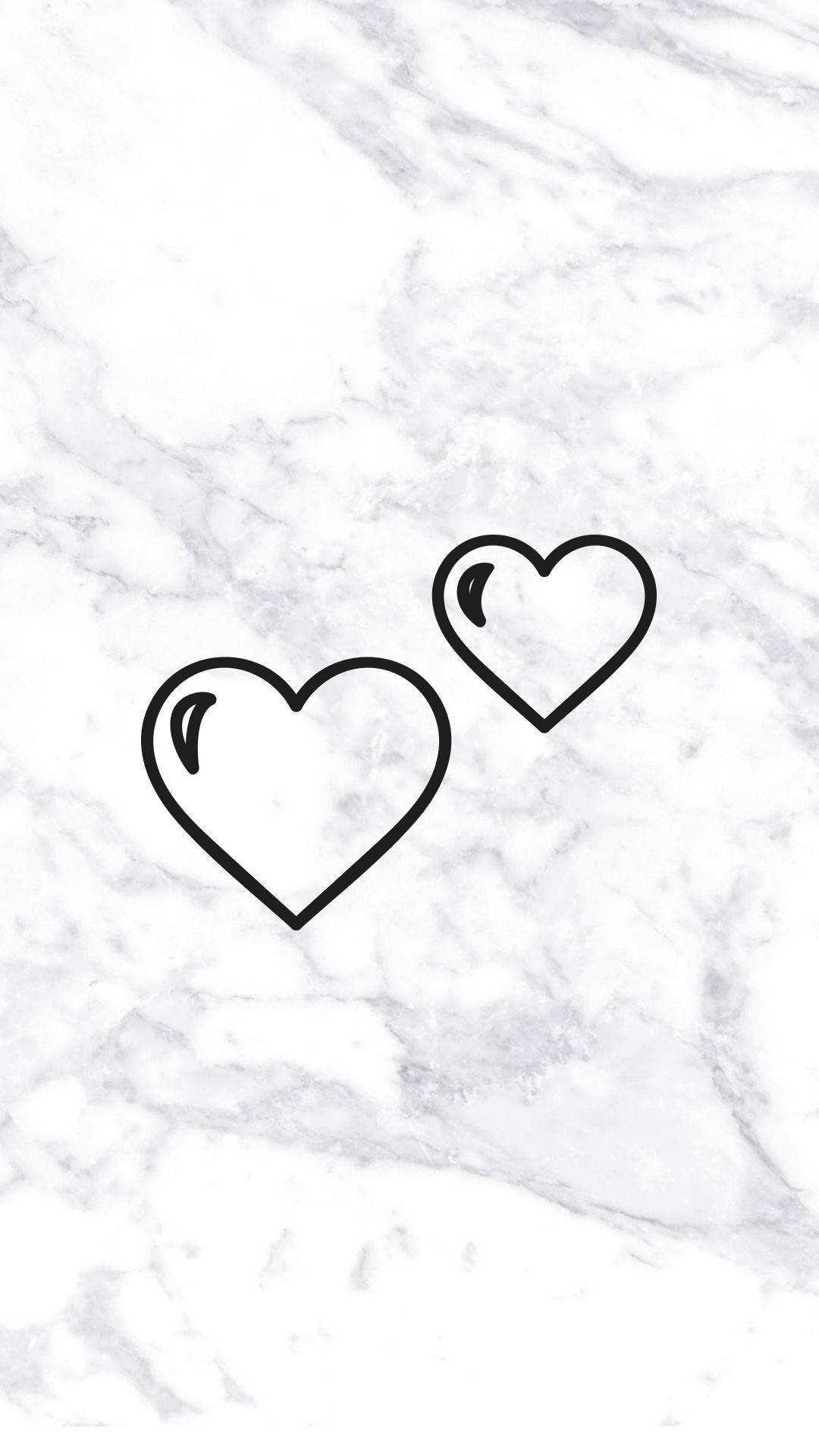 Two Hearts, black outlined hearts, white and gray marble background, Full HD Phone Wallpaper