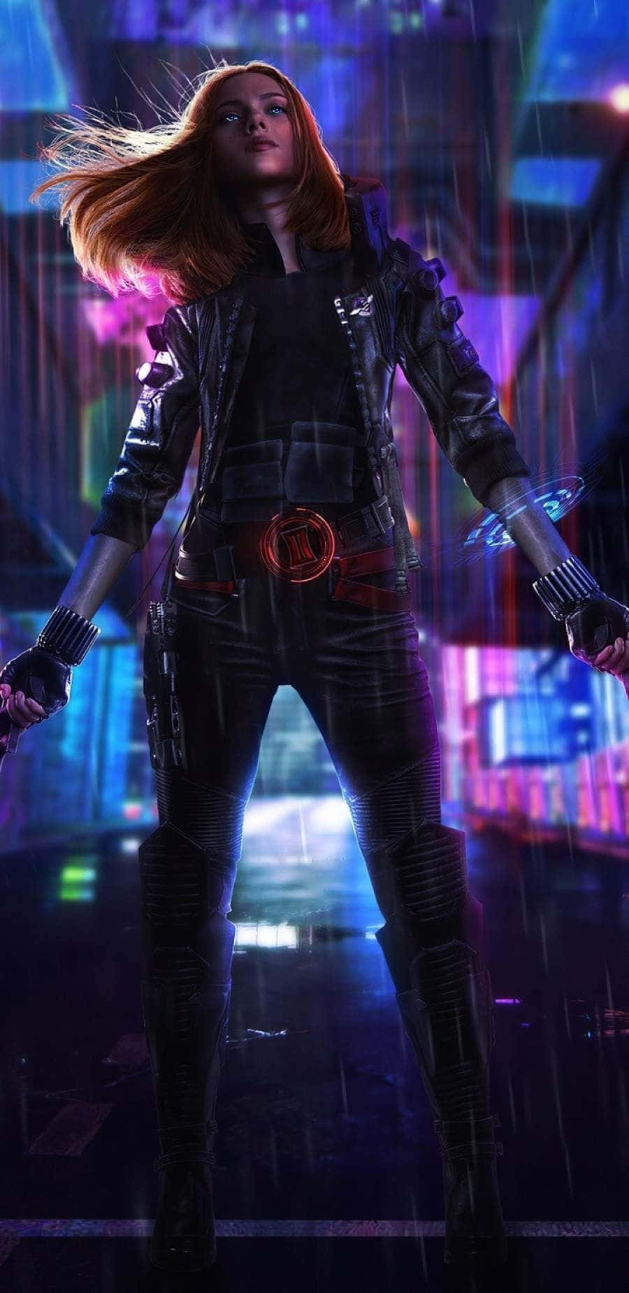 Black Widow, iPhone, neon-drenched rainy cityscape, HD Phone Wallpaper