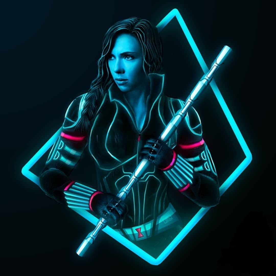 Black Widow, neon diamond frame, glowing blue and pink armor, SD Desktop Wallpaper