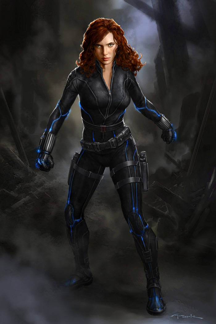 Black Widow, black suit, glowing blue accents, SD Phone Wallpaper