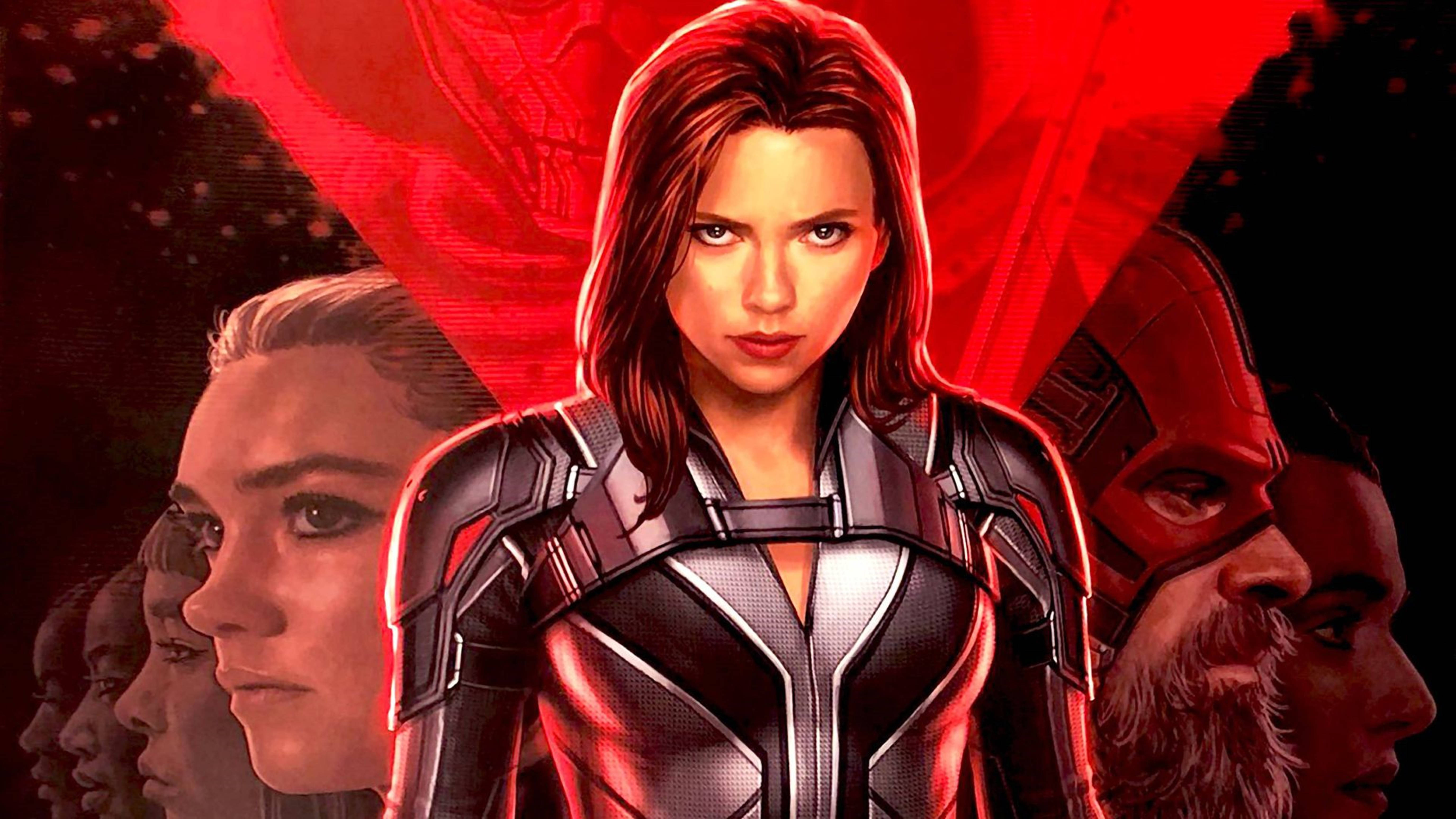 Black Widow, red and silver suit, dramatic red background, 5K Desktop Wallpaper
