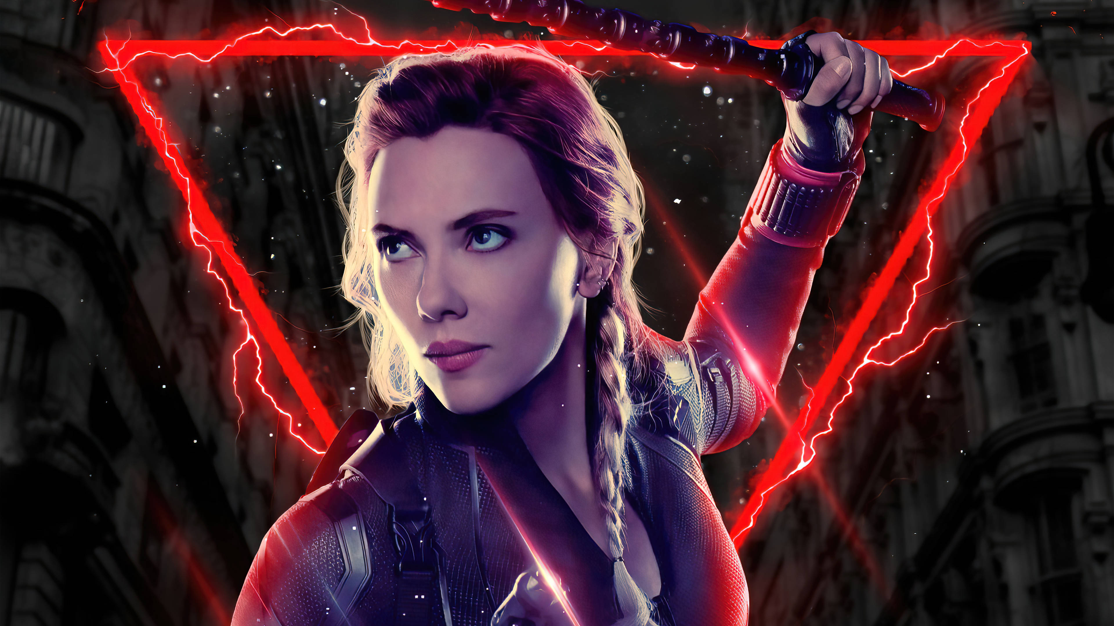 Black Widow, red neon light, glowing red energy weapon, 4K Desktop Wallpaper