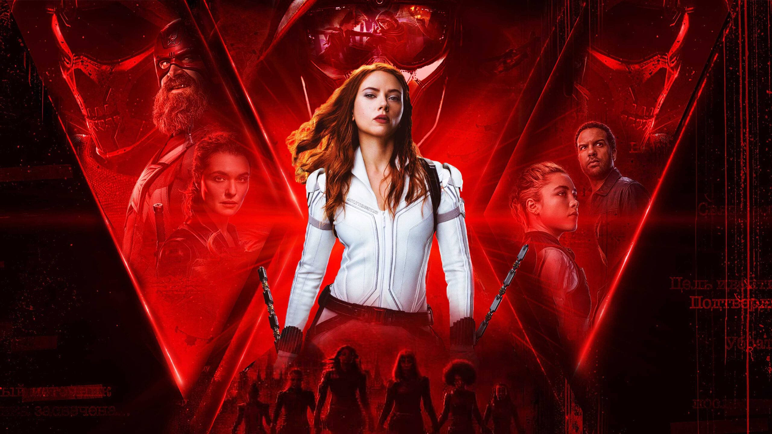 Black Widow, white armor, red-lit backdrop, 2K Desktop Wallpaper