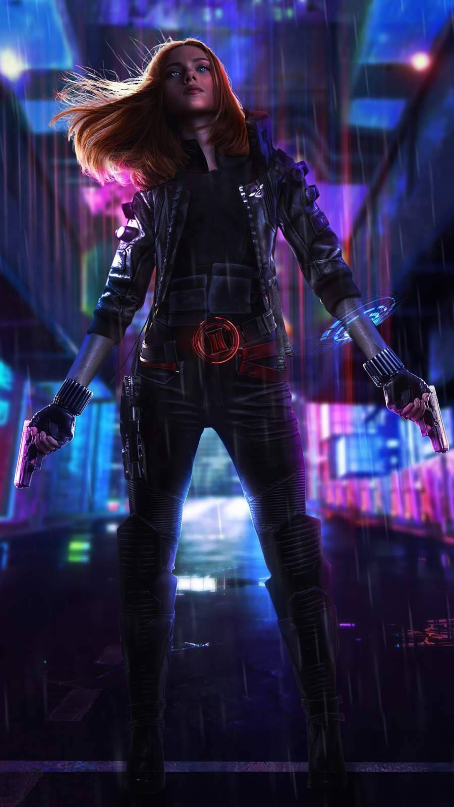 Black Widow, cyberpunk, neon-drenched rain-soaked alleyway, HD Phone Wallpaper