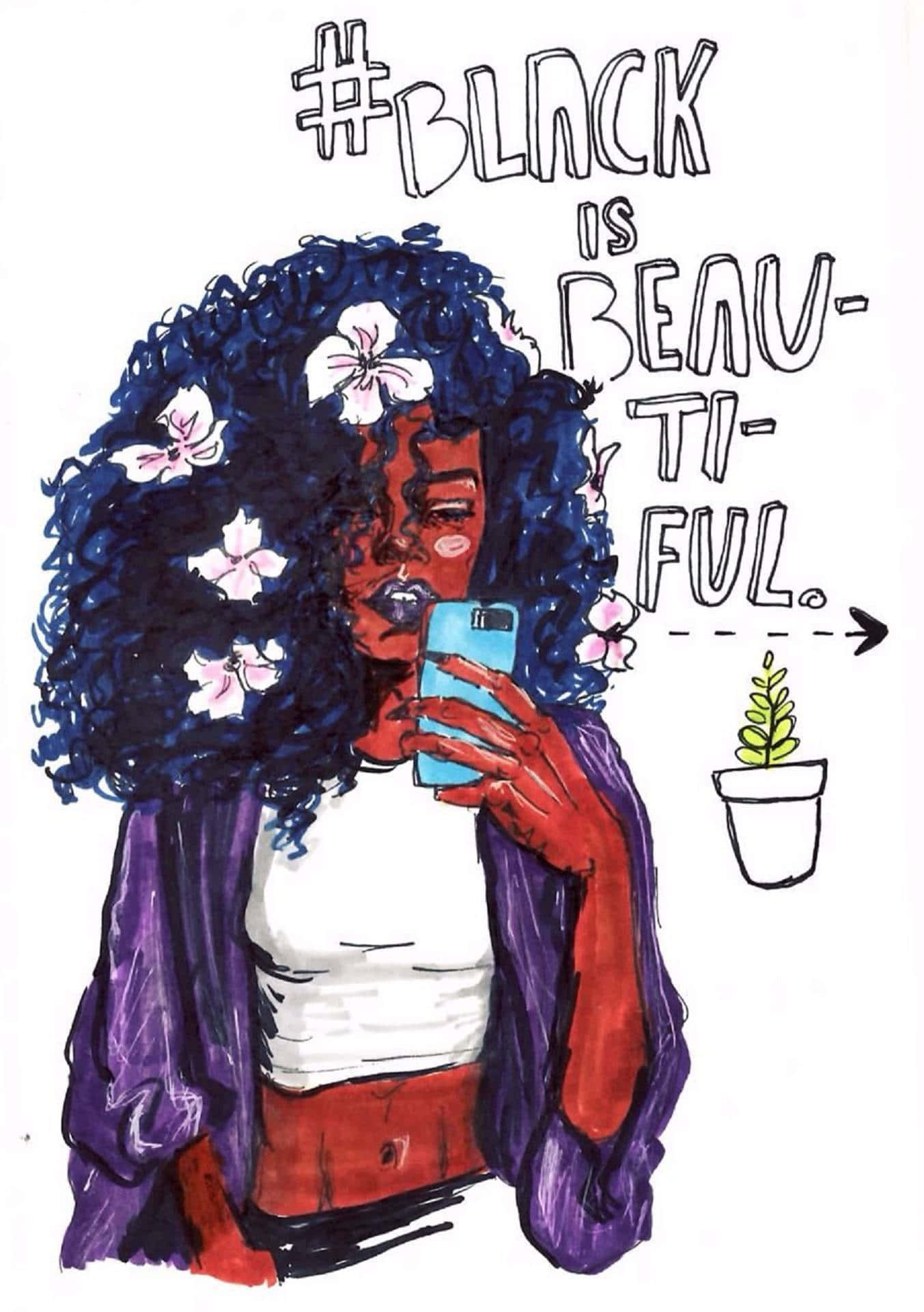 Pretty Black Woman Minimalist, dark curly hair, flowers, Full HD Phone Wallpaper