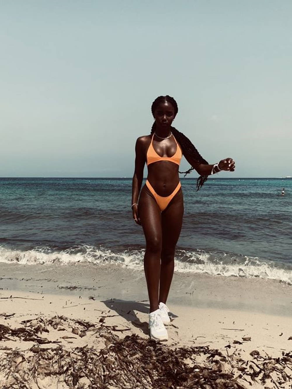 black woman, orange bikini, white sneakers, HD Phone Wallpaper