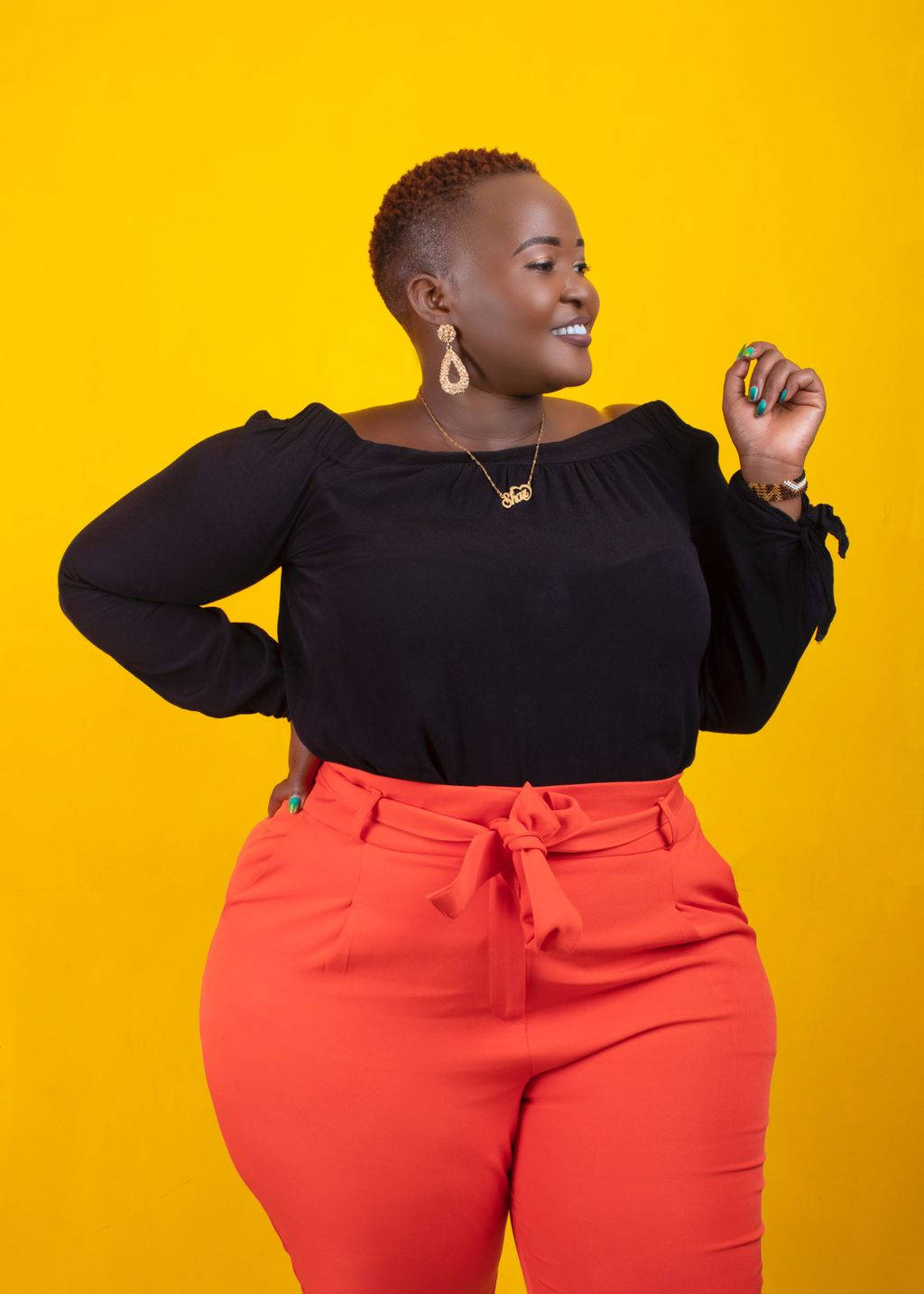 fashionable fat black woman, short hair, vibrant yellow background, HD Phone Wallpaper