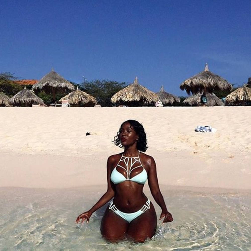 light blue geometric bikini, pristine white sand beach, thatched umbrellas, SD Desktop Wallpaper