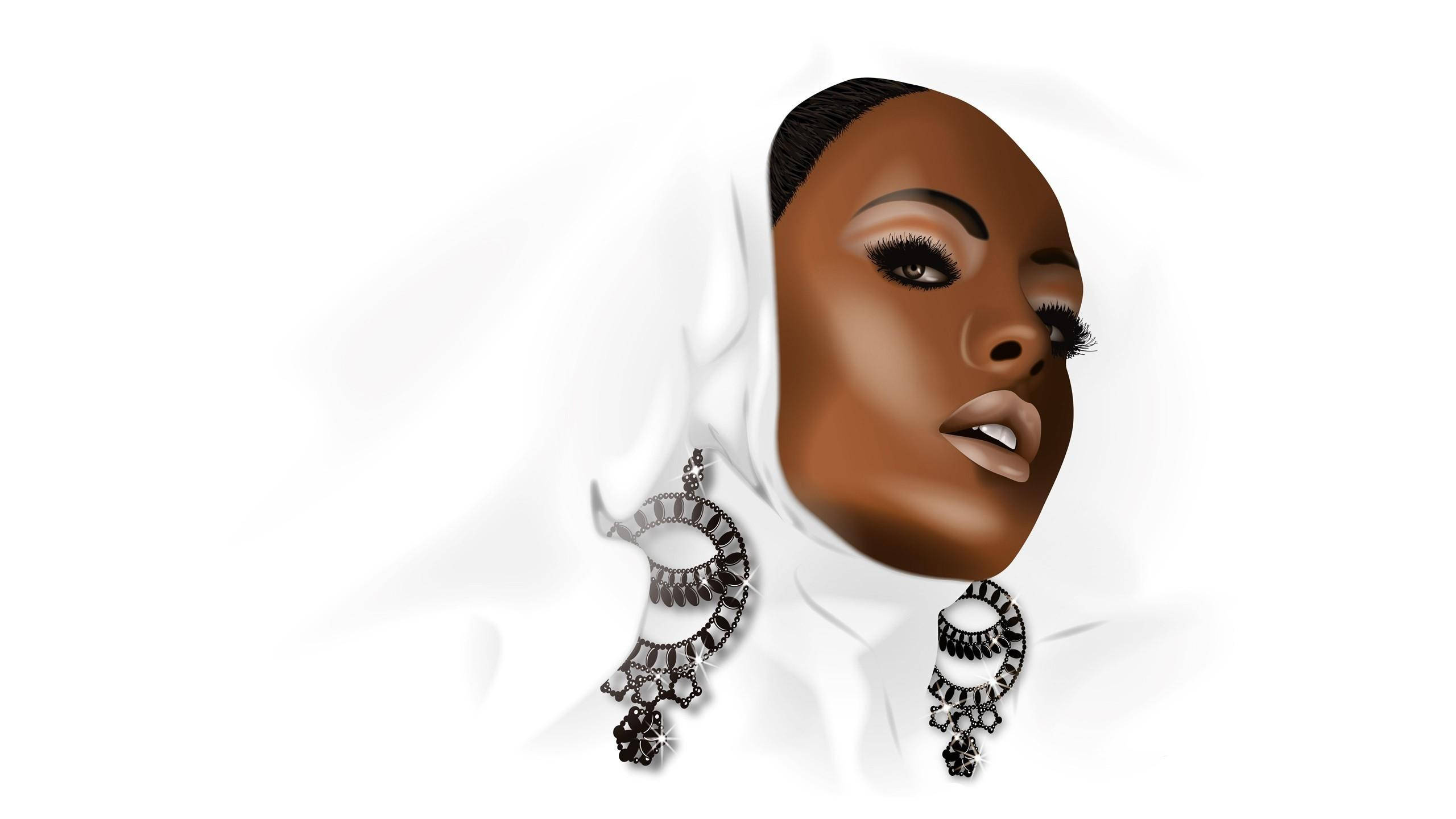 Black Woman, dark skin, ornate silver earrings, 2K Desktop Wallpaper