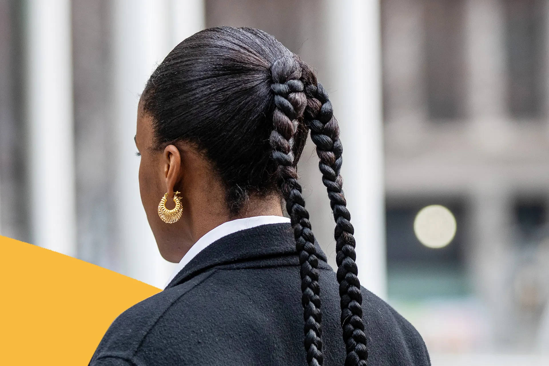 dark blazer, long braided hair, gold hoop earrings, Full HD Desktop Wallpaper