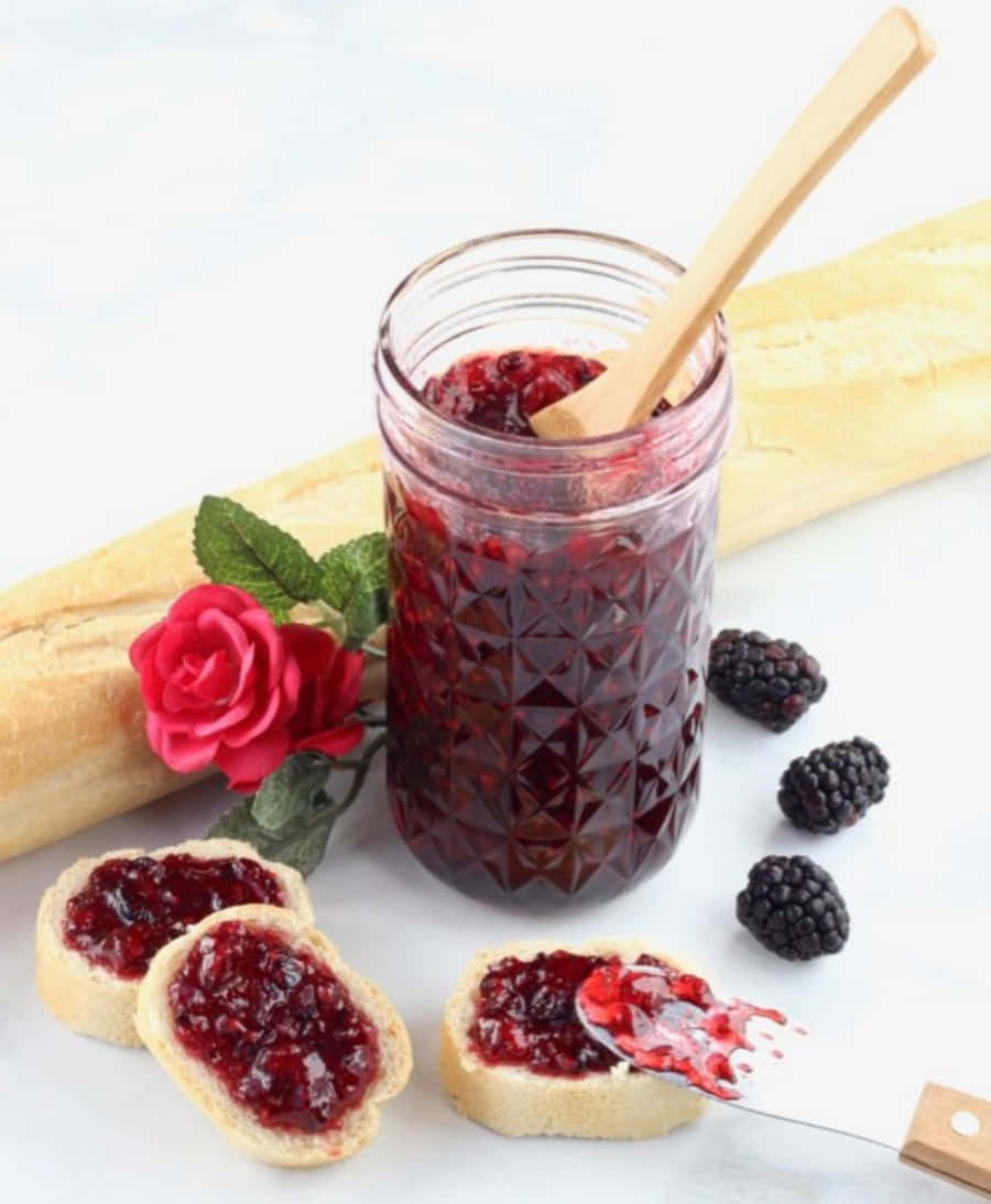 Blackberry Jam, glass jar, wooden spoon, SD Phone Wallpaper