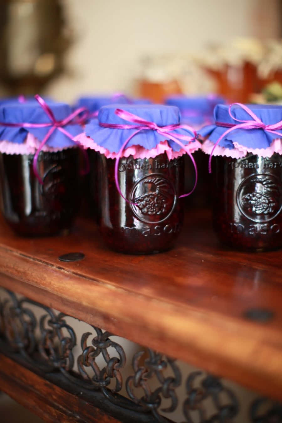 blackberry jam, dark amber mason jars, rustic wooden shelf, HD Phone Wallpaper