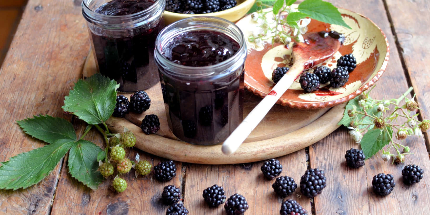 blackberry jam, wooden tray, fresh berries, HD Desktop Wallpaper