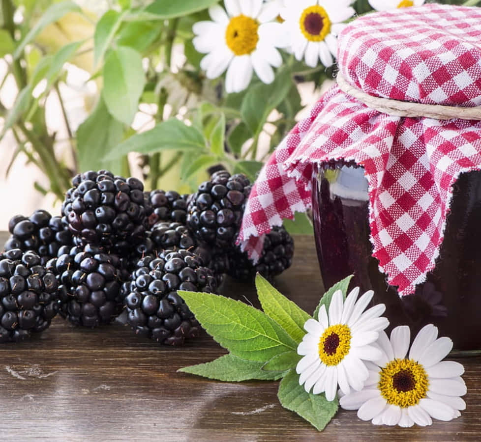 Blackberry Jam, red checkered cloth lid, fresh blackberries, SD Desktop Wallpaper