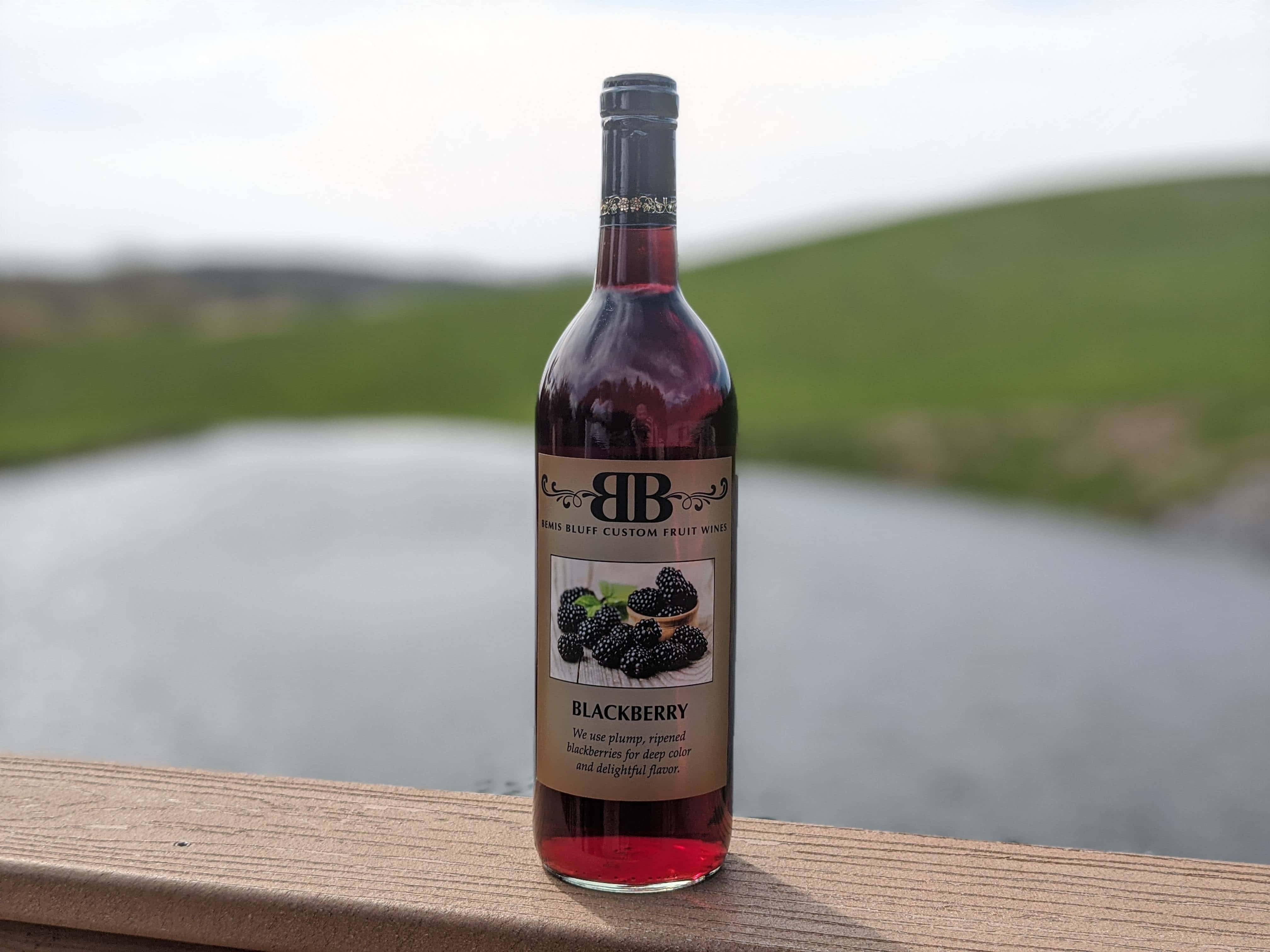 Blackberry Wine, bottle of blackberry fruit wine, wooden railing, 4K Desktop Wallpaper