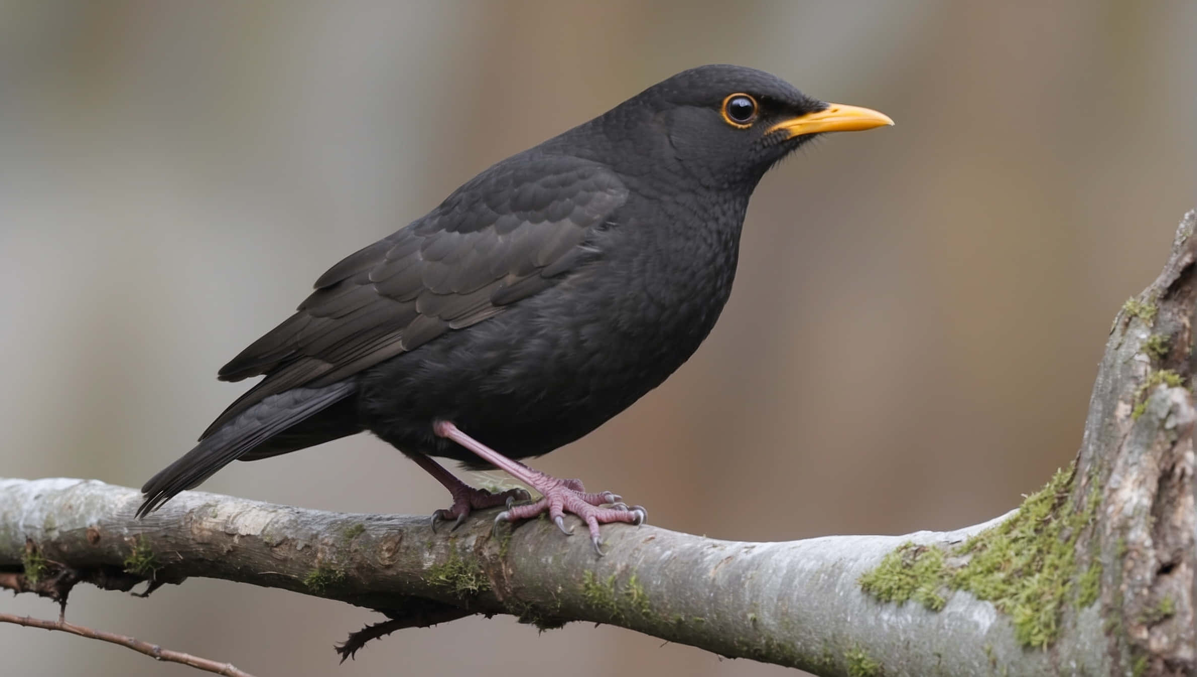 Blackbird, mossy tree branch, soft blurred forest, Full HD Desktop Wallpaper