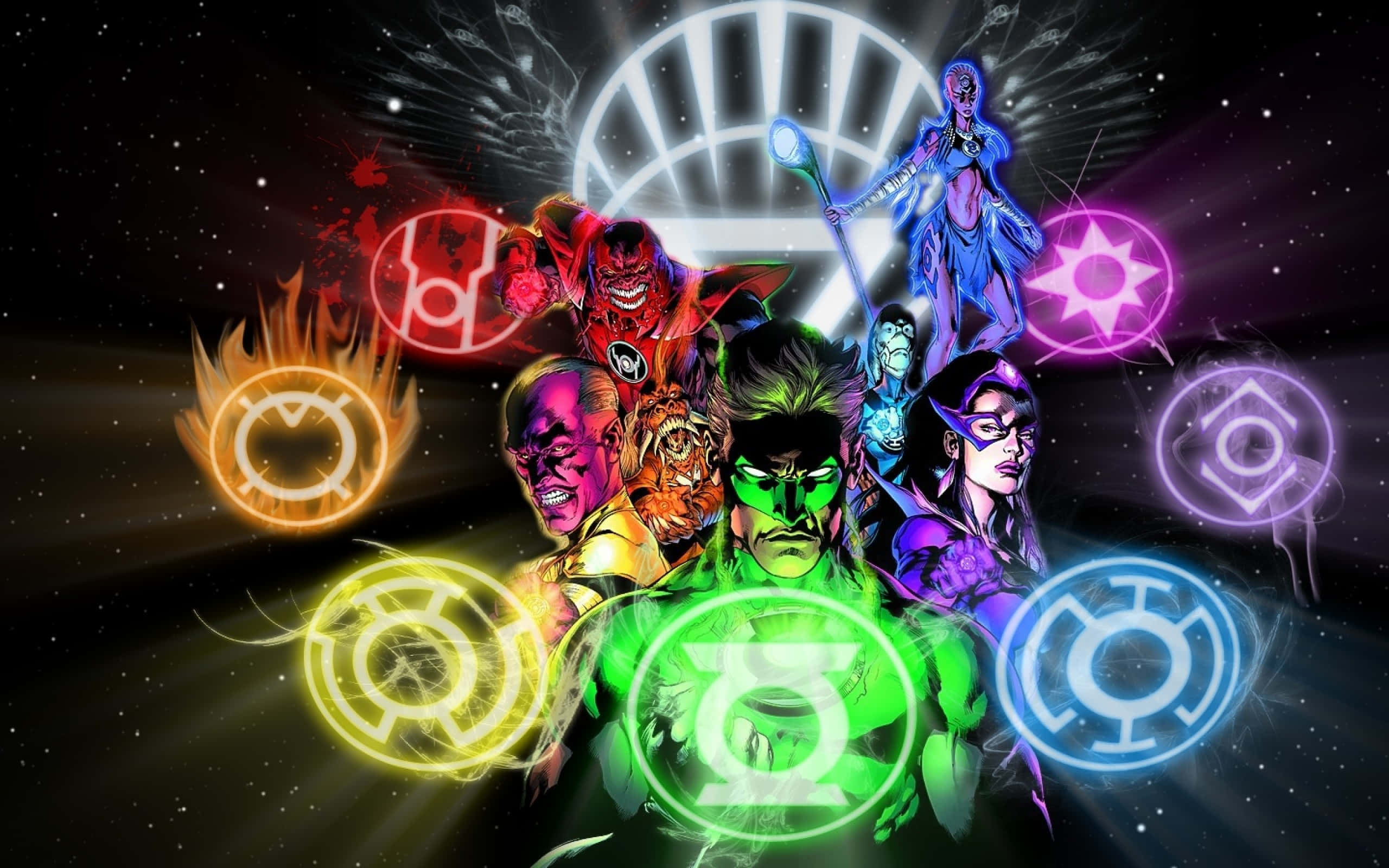 Blackest Night, superhero team, colorful energy rings, 2K Desktop Wallpaper