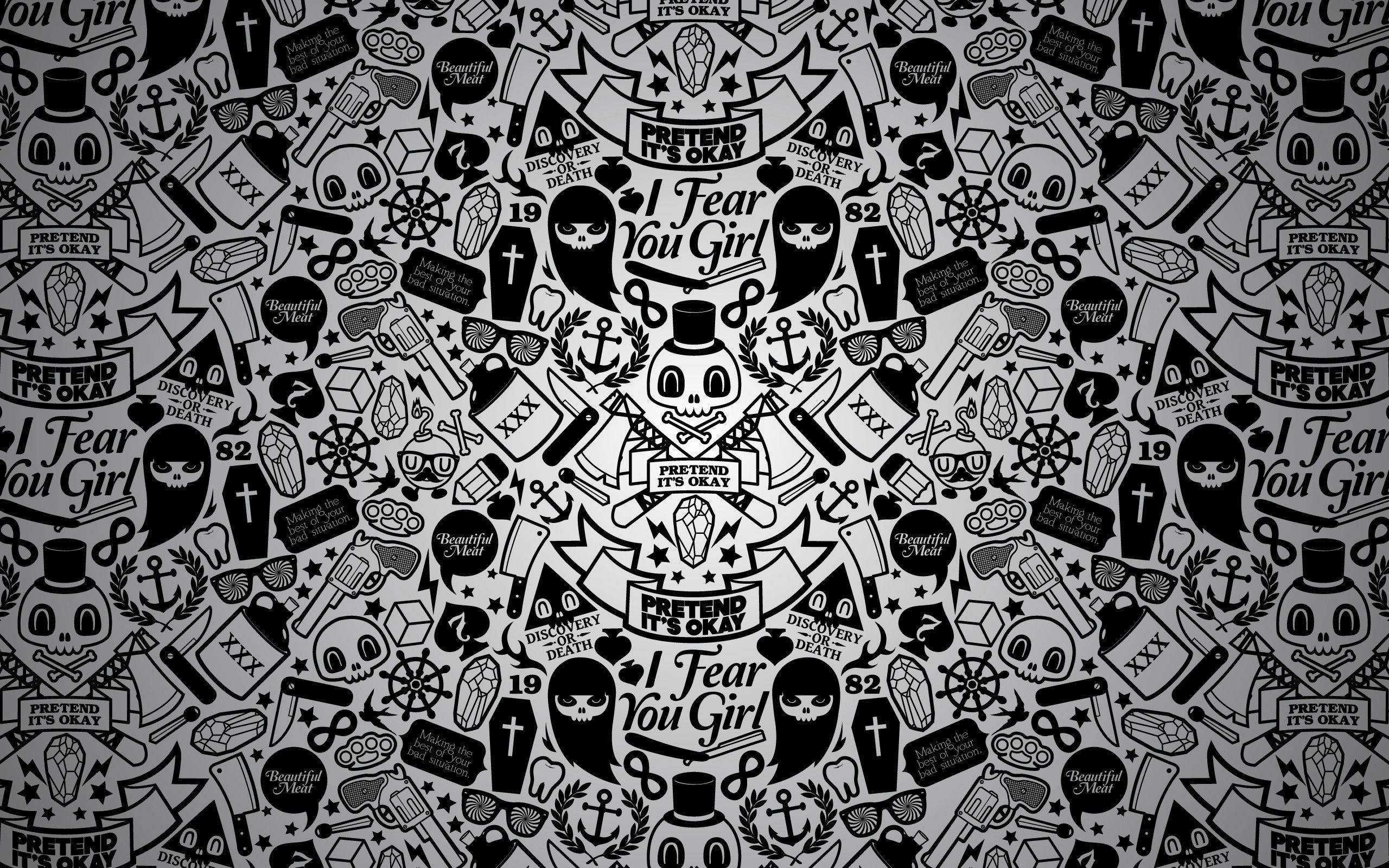 black skull, skulls top hats, black and white repeating pattern, 2K Desktop Wallpaper