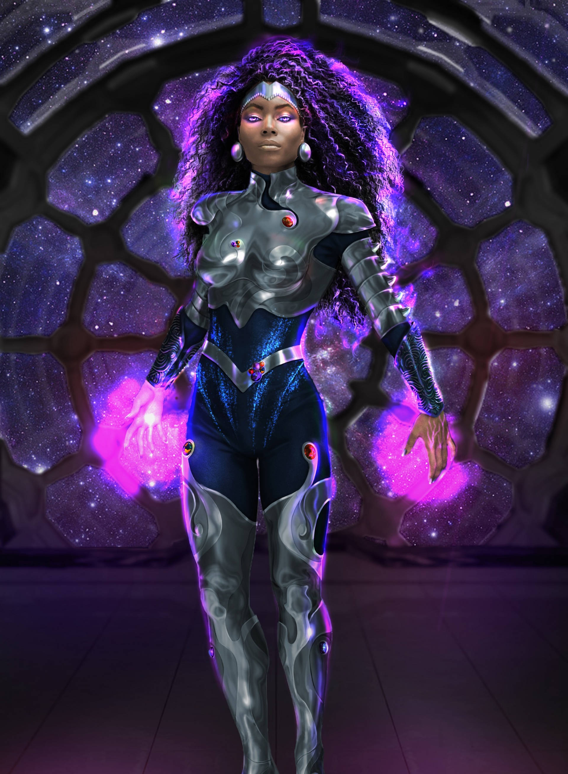 Blackfire, purple-haired hero, metallic armor, 2K Phone Wallpaper