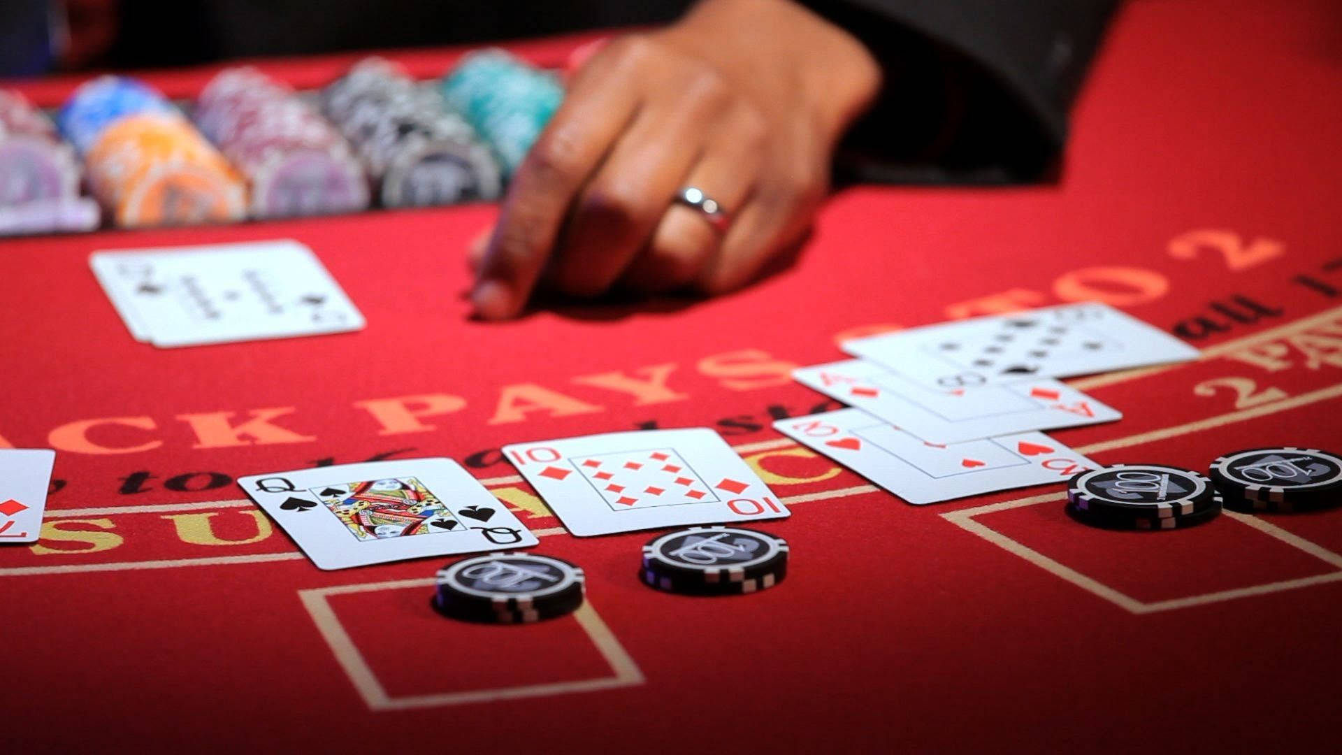 blackjack, red blackjack table, scattered cards, Full HD Desktop Wallpaper