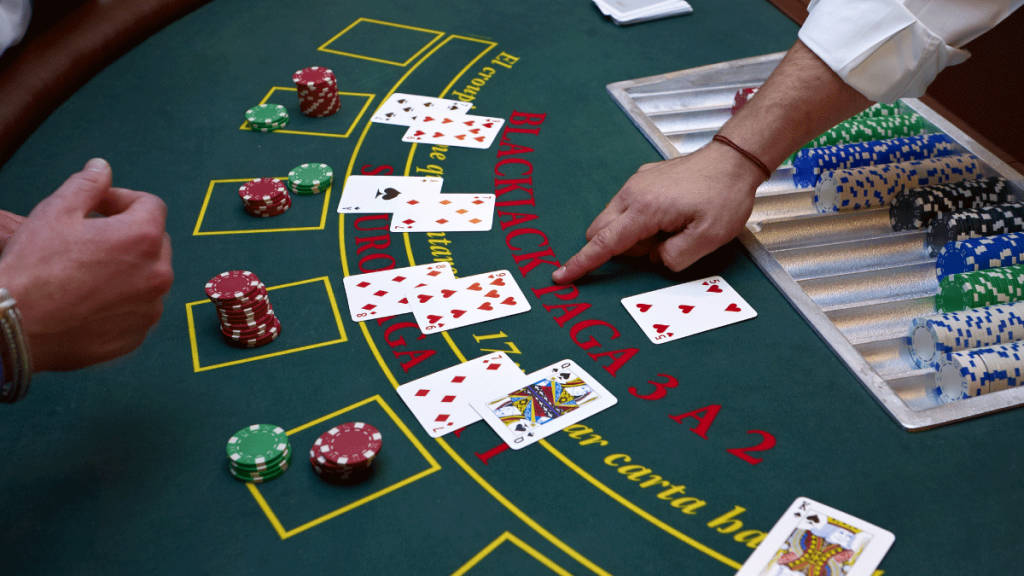 blackjack dealer, green felt casino table, scattered cards, SD Desktop Wallpaper