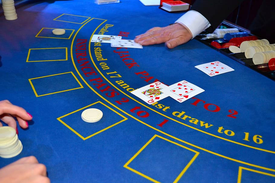 blue blackjack table, cards, chips, SD Desktop Wallpaper