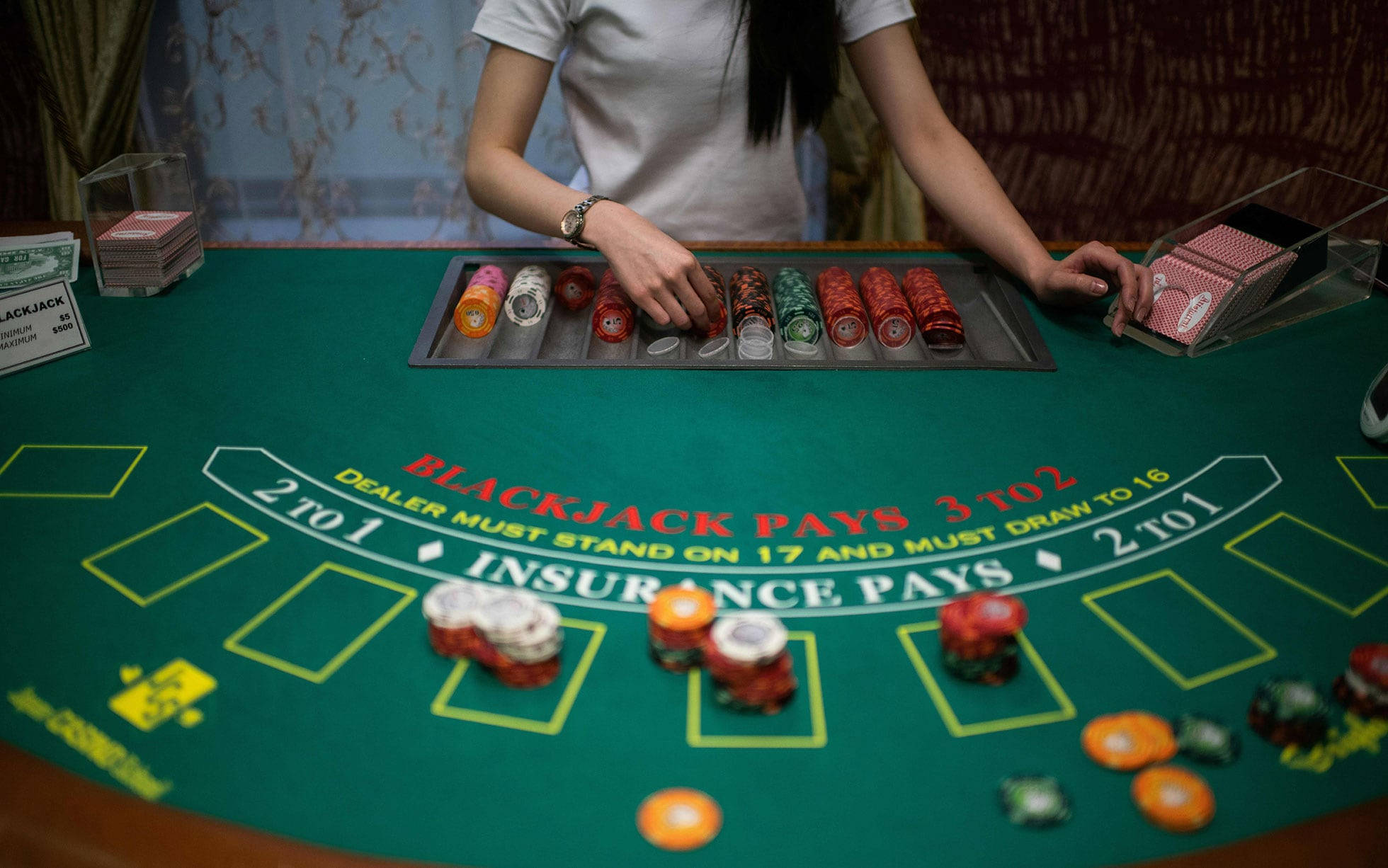 blackjack table, green blackjack table, colorful poker chips, Full HD Desktop Wallpaper