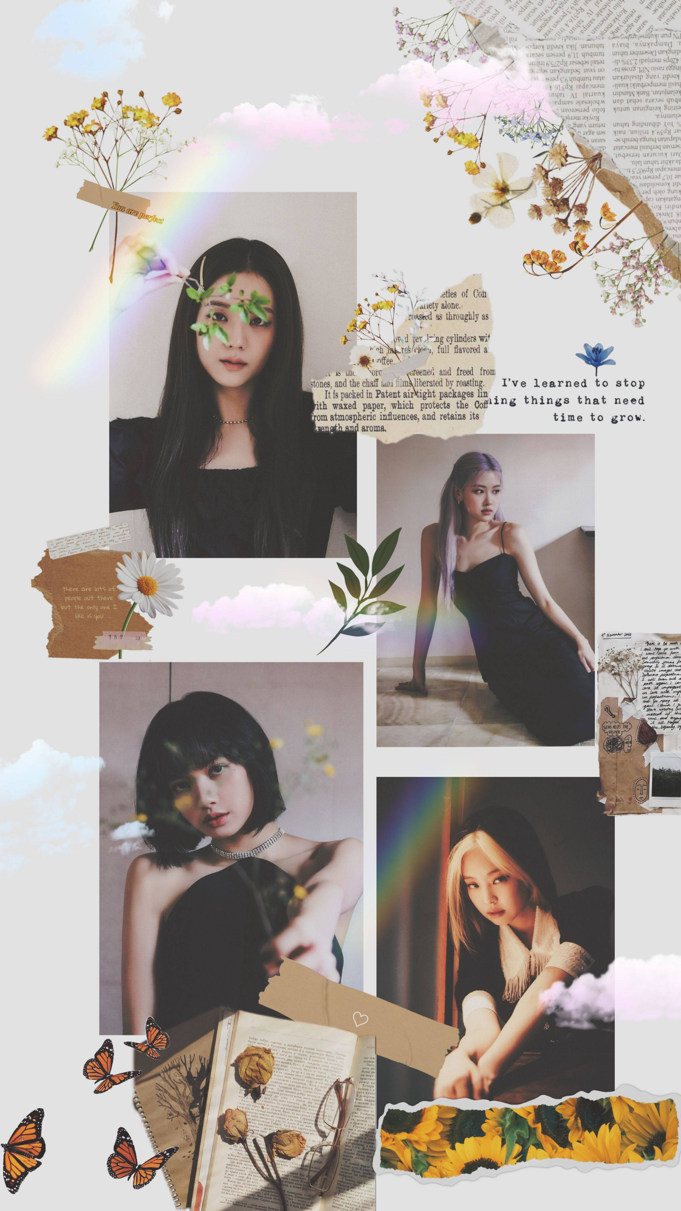 Vintage Scrapbook, Blackpink Aesthetic, dried flowers, 4K Phone Wallpaper