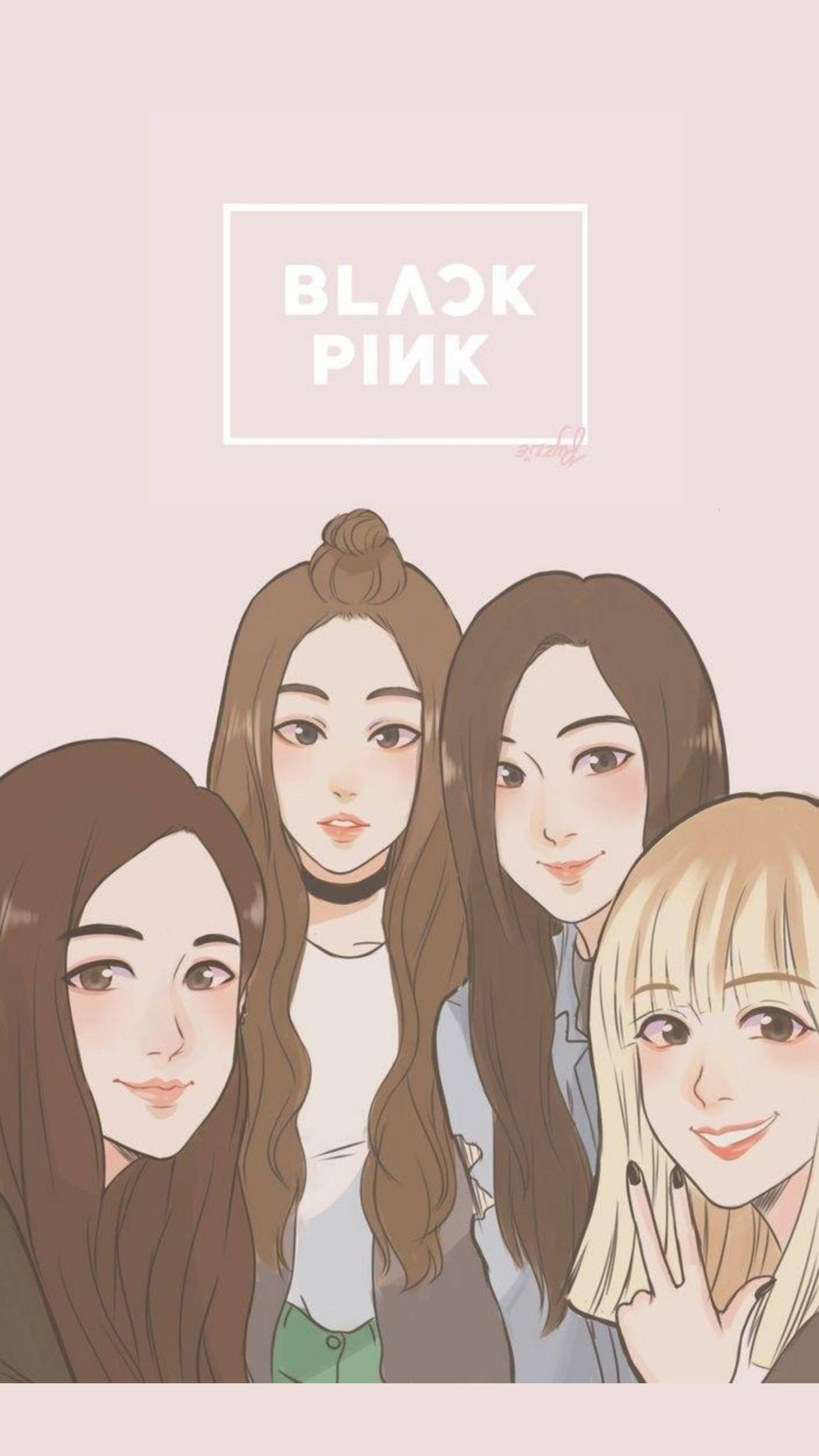 Blackpink, 2D animation, soft pink background, 2K Phone Wallpaper