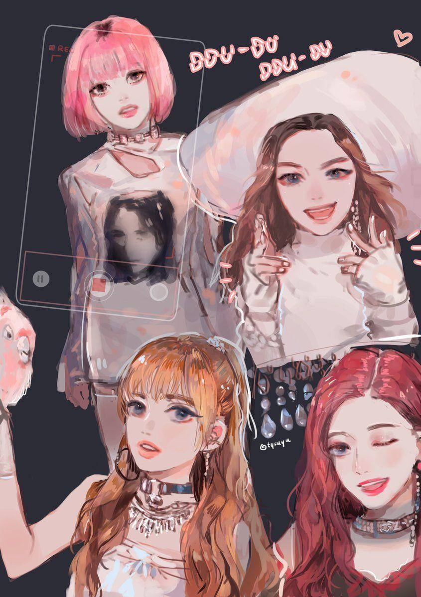 Blackpink Anime, anime-style girls, vibrant hair colors, SD Phone Wallpaper