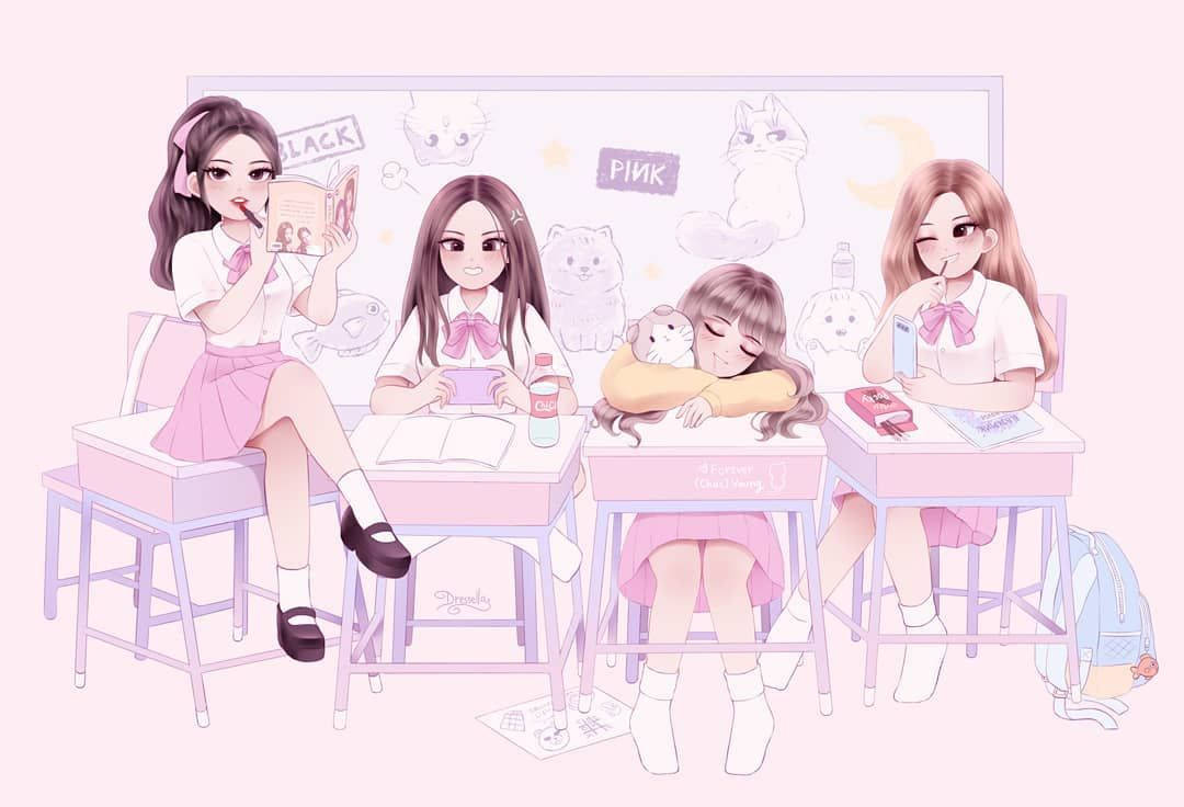 Blackpink Anime, school version, pink uniforms, SD Desktop Wallpaper
