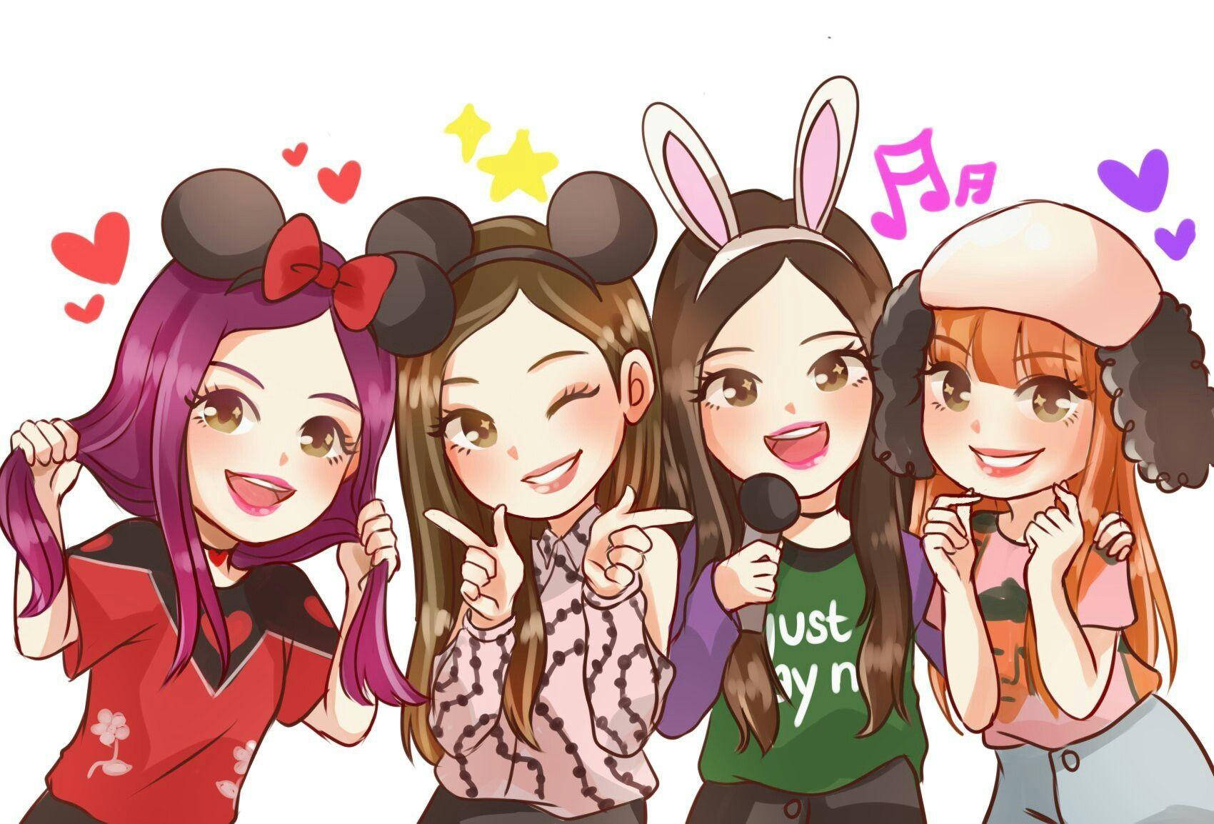 Blackpink Anime, anime girls, cute headwear, HD Desktop Wallpaper