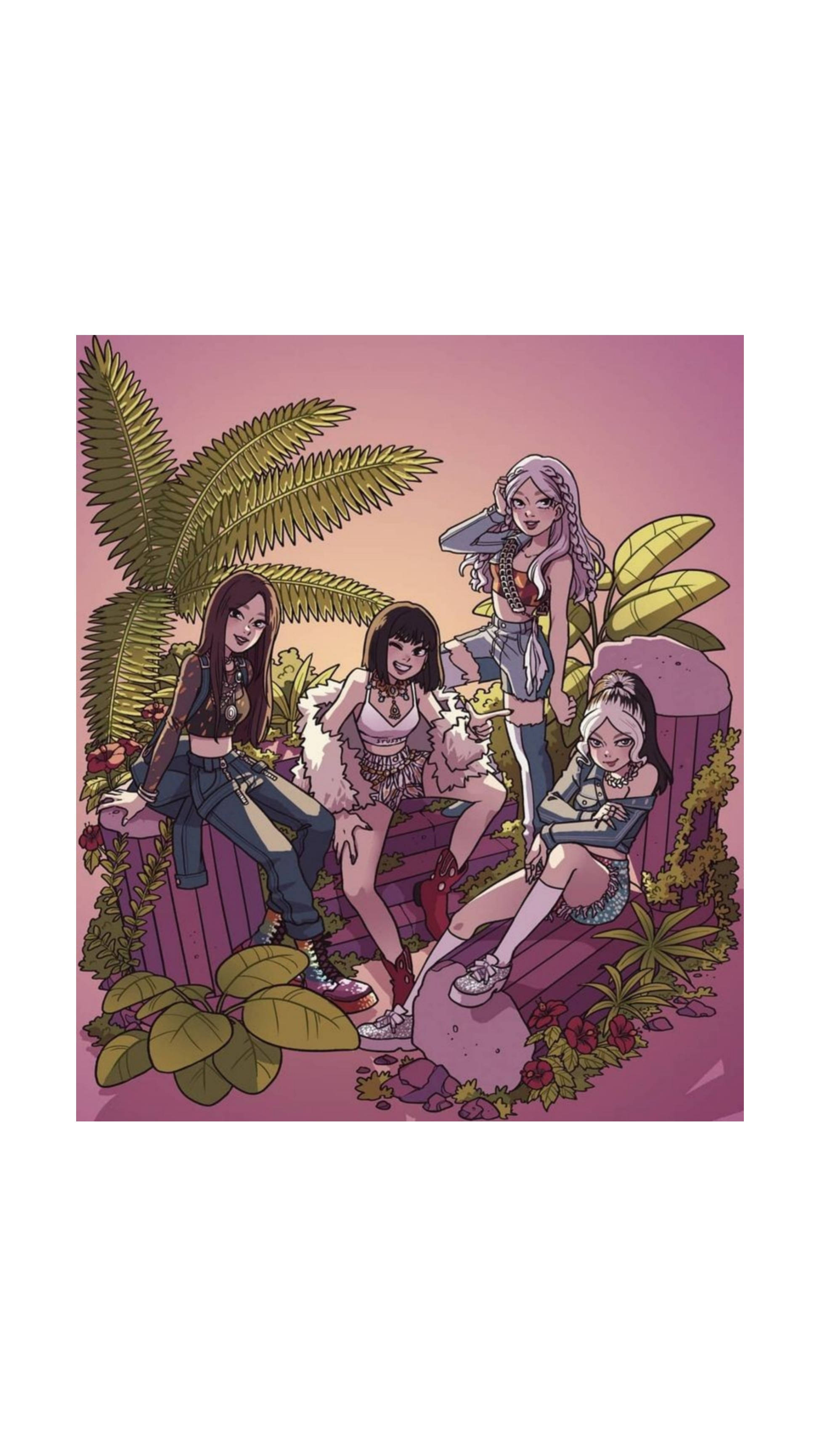 Blackpink, anime girls, purple bench, 2K Phone Wallpaper