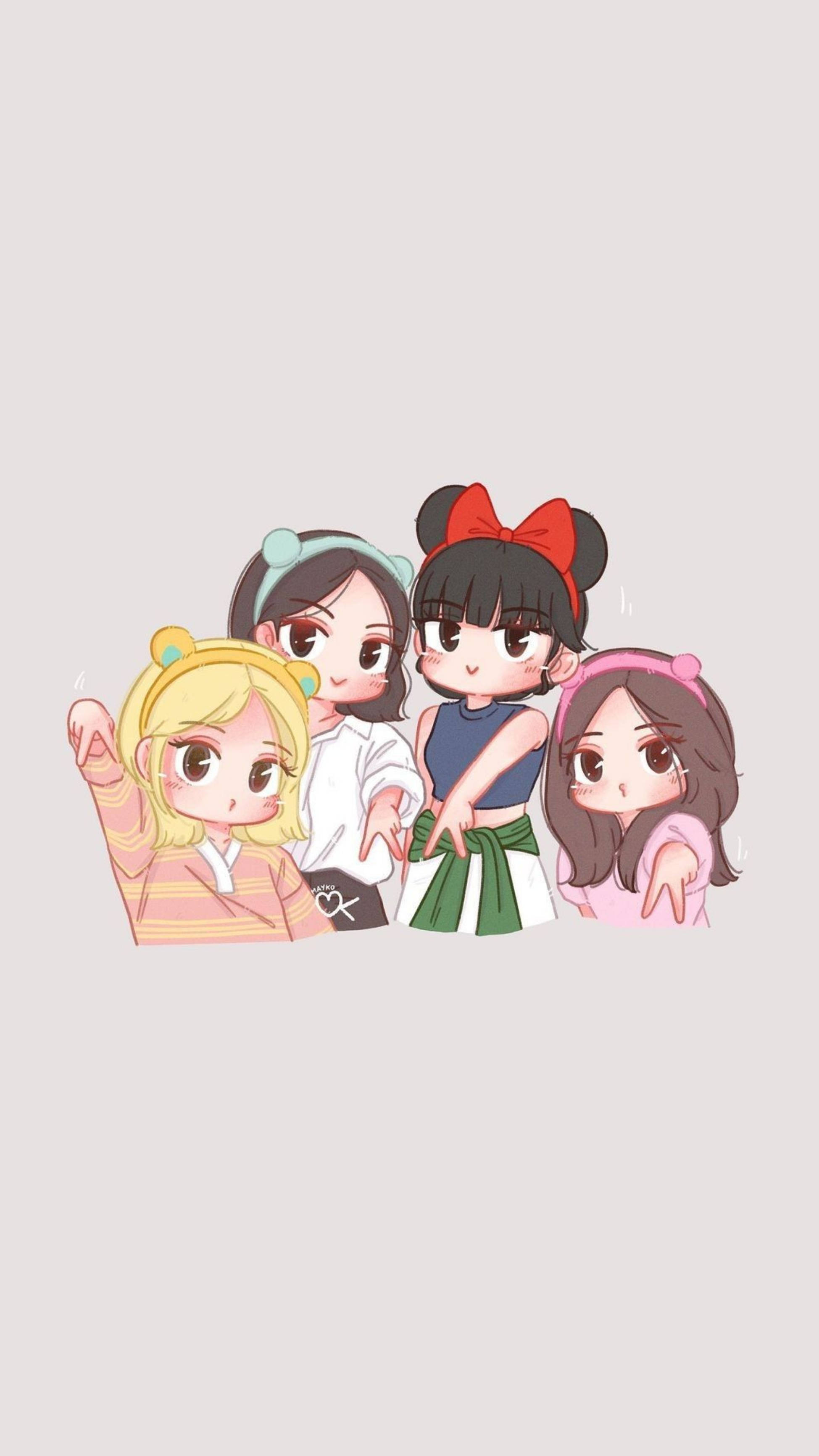 Blackpink Cartoon, colorful headdress, chibi anime girls, 2K Phone Wallpaper