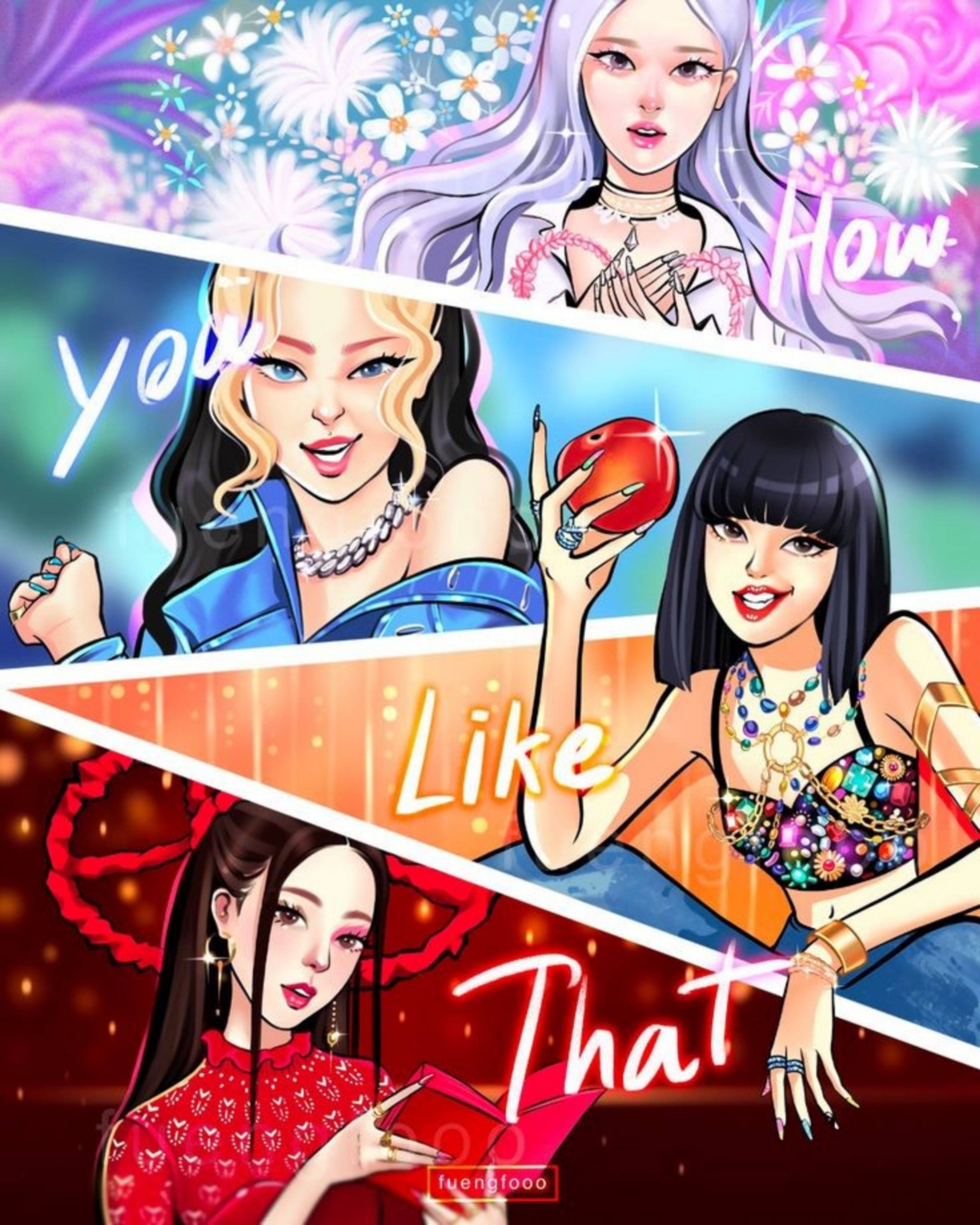 Blackpink Cartoon, anime girls, vibrant outfits, 2K Phone Wallpaper