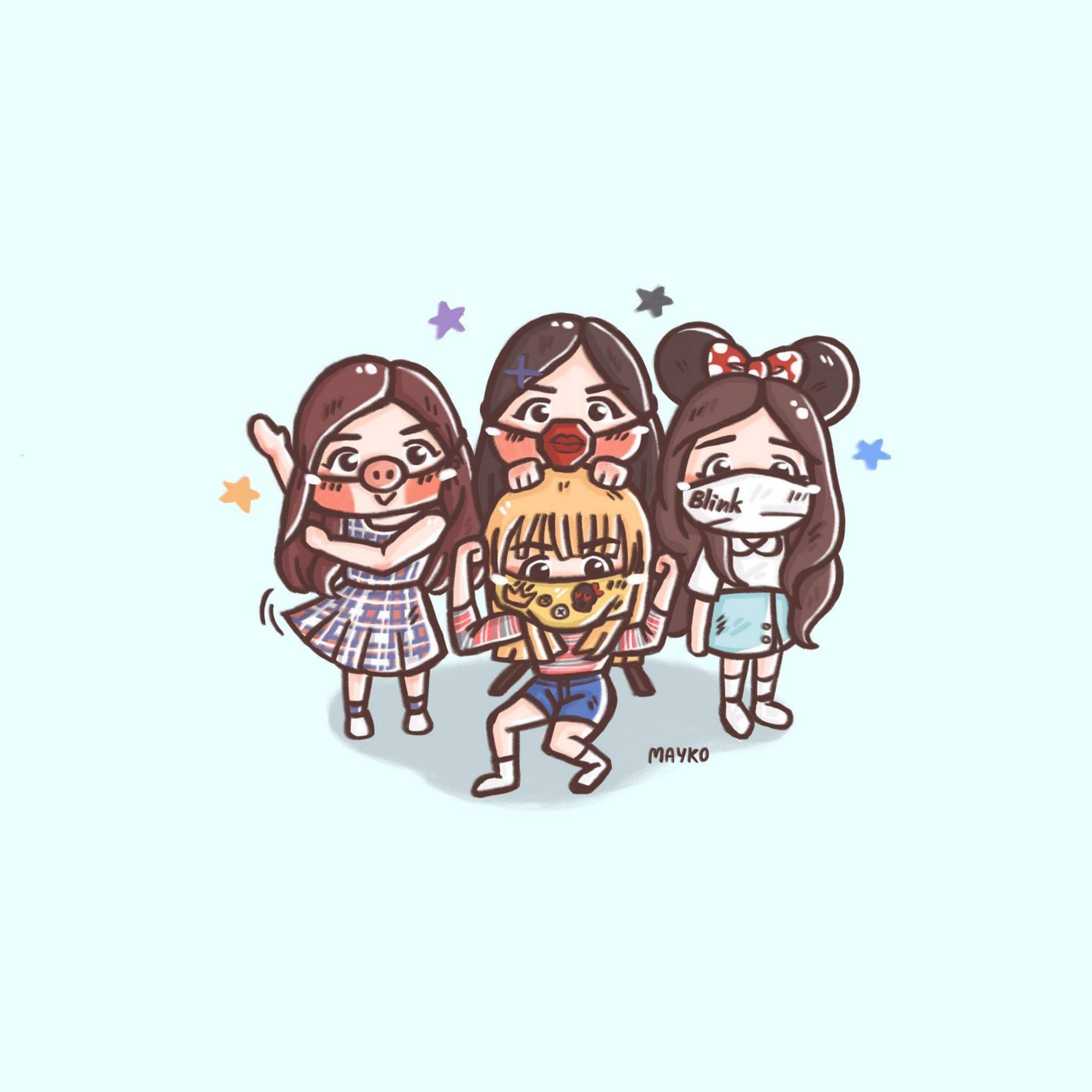 Blackpink Cartoon, chibi-style girls, school uniforms, 2K Desktop Wallpaper