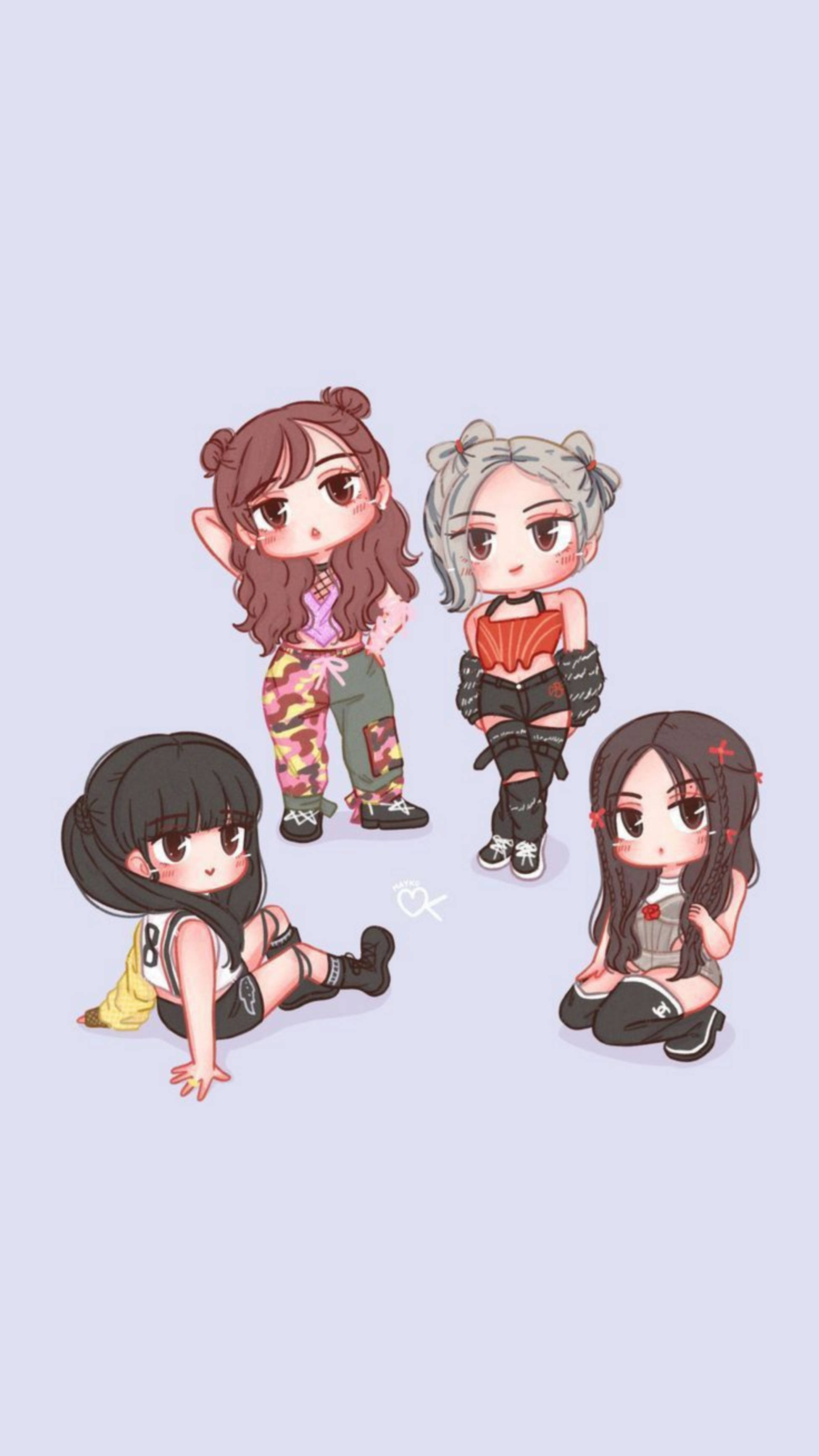 Blackpink Cartoon, chibi anime girls, colorful outfits, 2K Phone Wallpaper