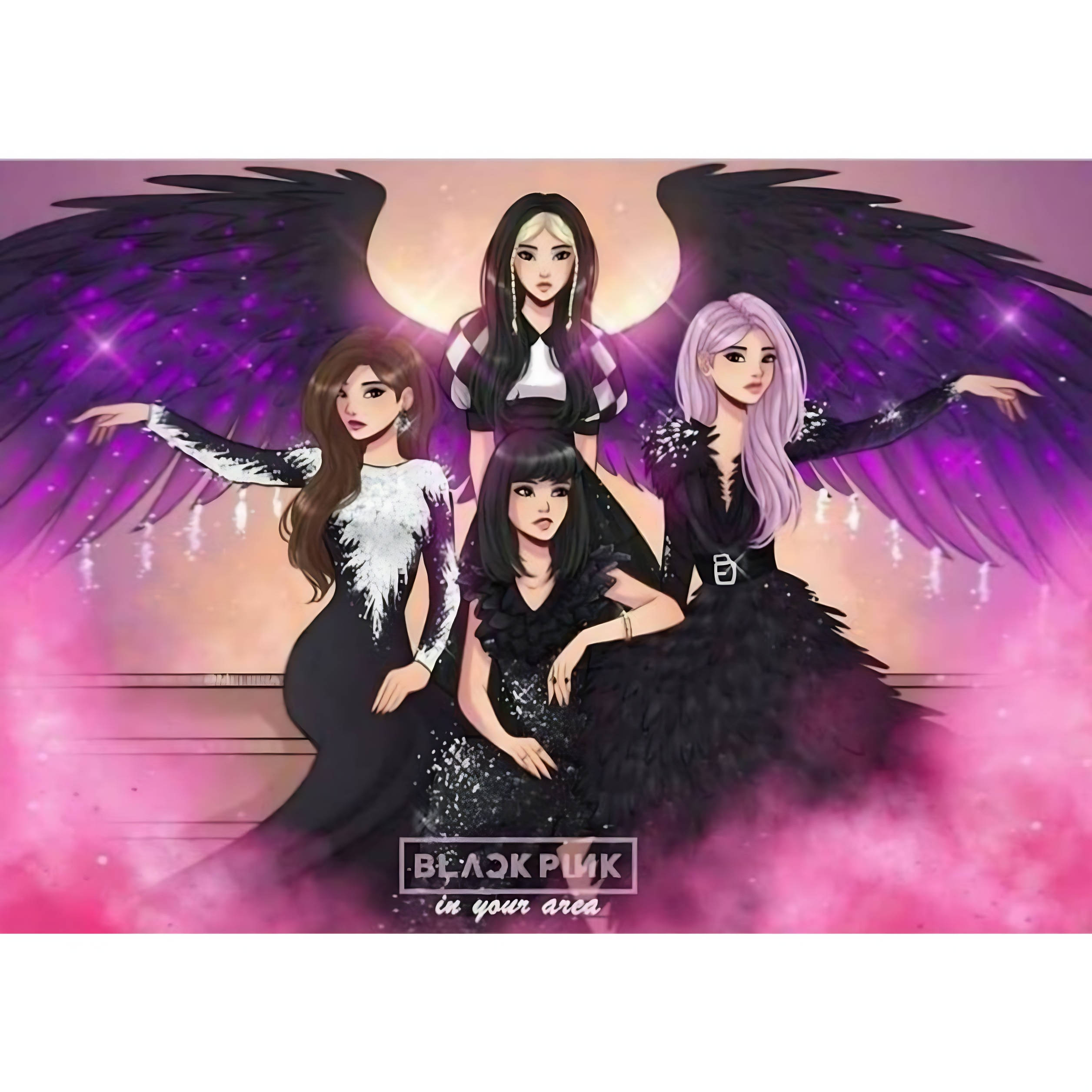 Blackpink Cartoon, anime-style women, black wings, Full HD Desktop Wallpaper
