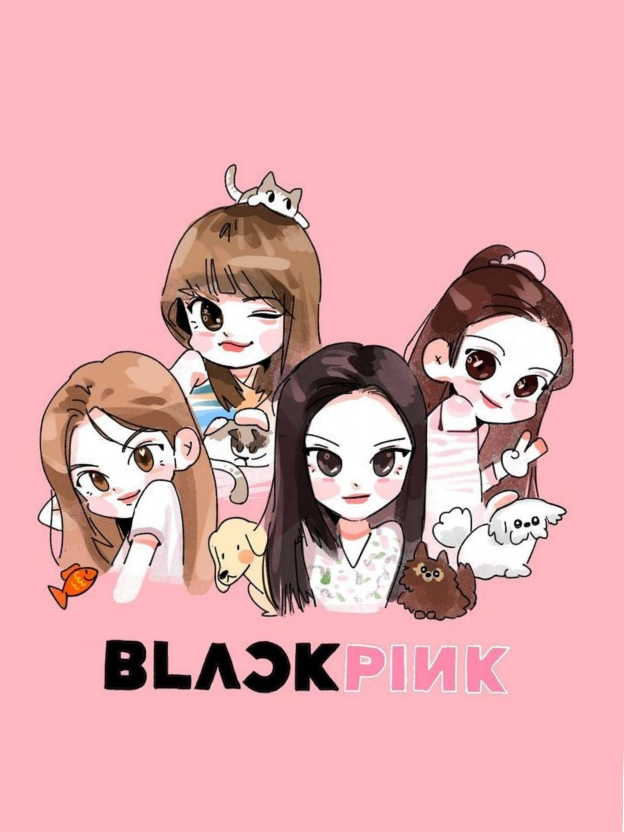 Blackpink, chibi-style, pets, 2K Phone Wallpaper