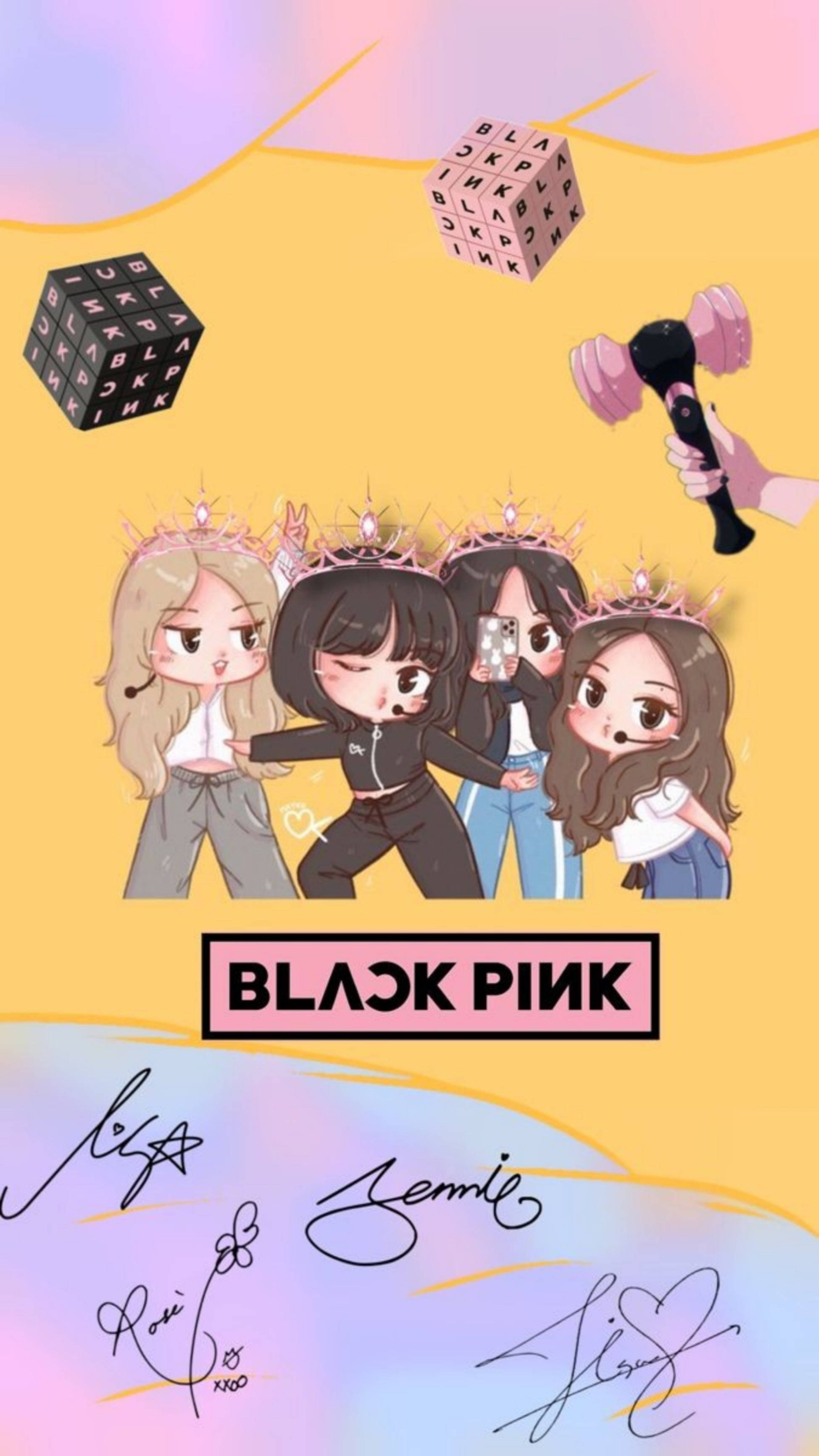 Blackpink Cartoon, pink tiaras, chibi-style, 2K Phone Wallpaper