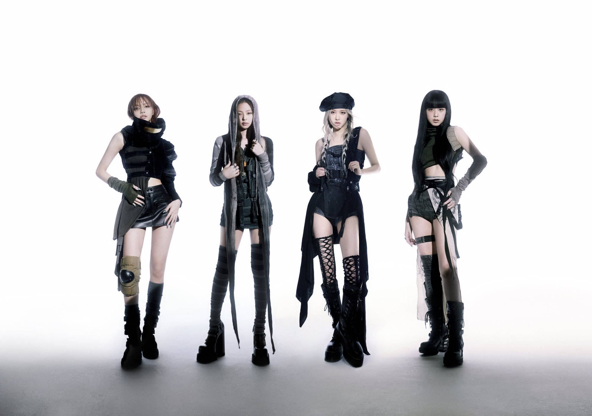 Blackpink, black outfits, stark white studio background, Full HD Desktop Wallpaper