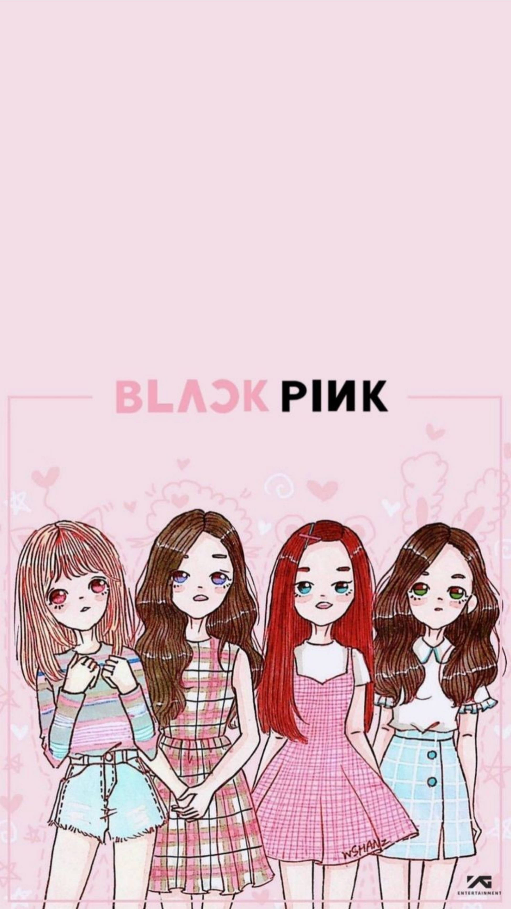 Blackpink Cartoon, anime-style girls, pastel outfits, 2K Phone Wallpaper