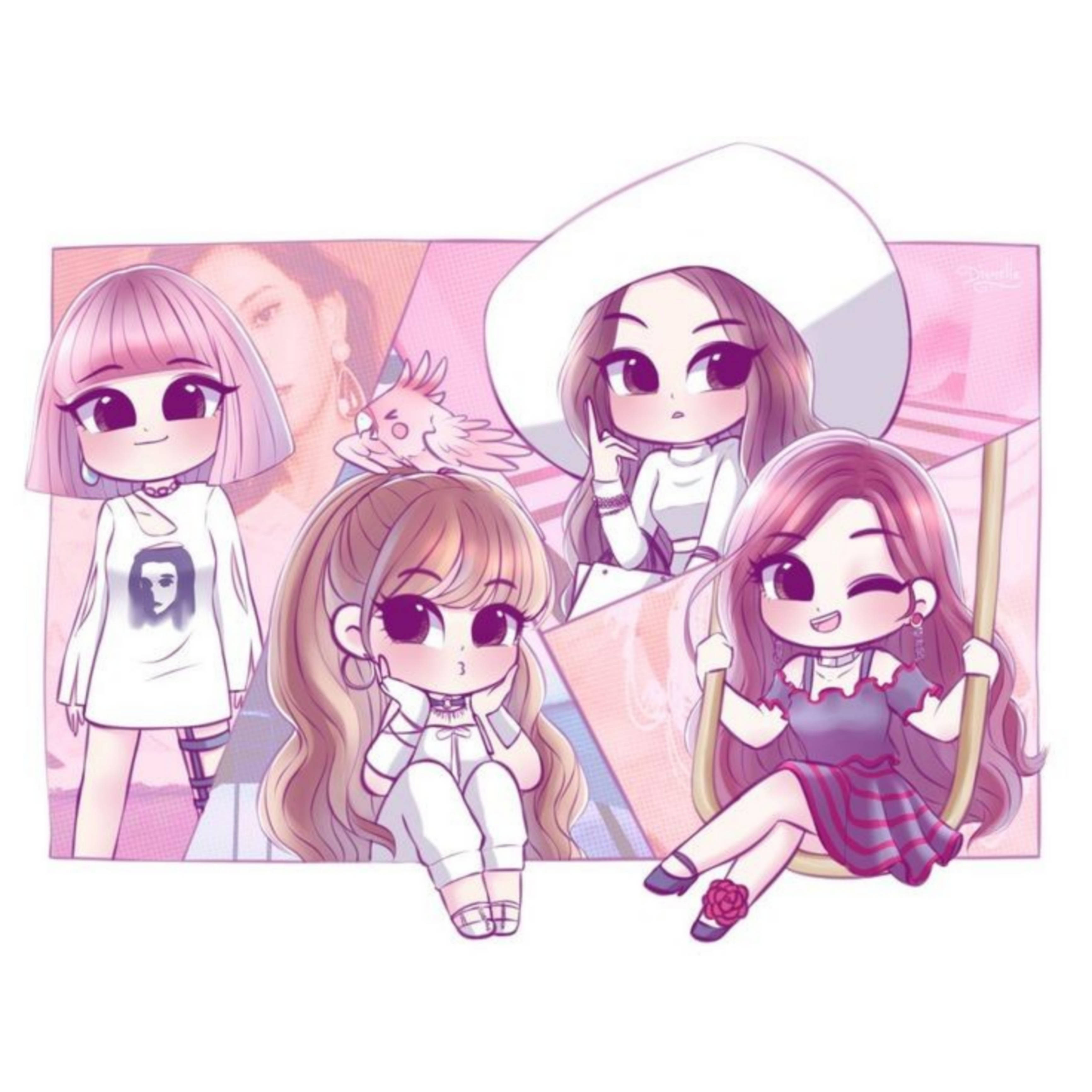 Blackpink, cartoon, chibi anime girls, 2K Desktop Wallpaper