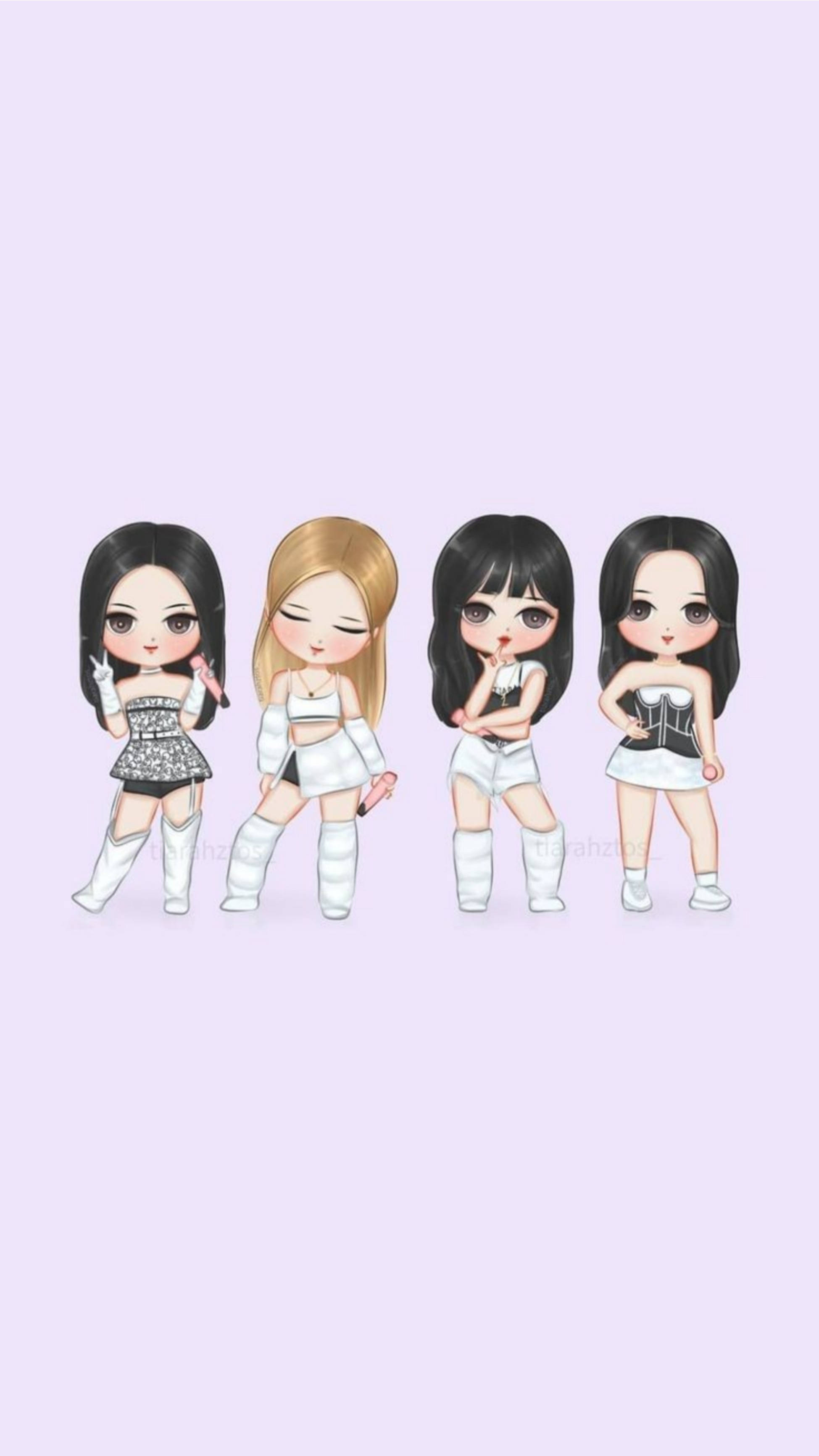 Blackpink, chibi-style anime girls, white outfits, 2K Phone Wallpaper