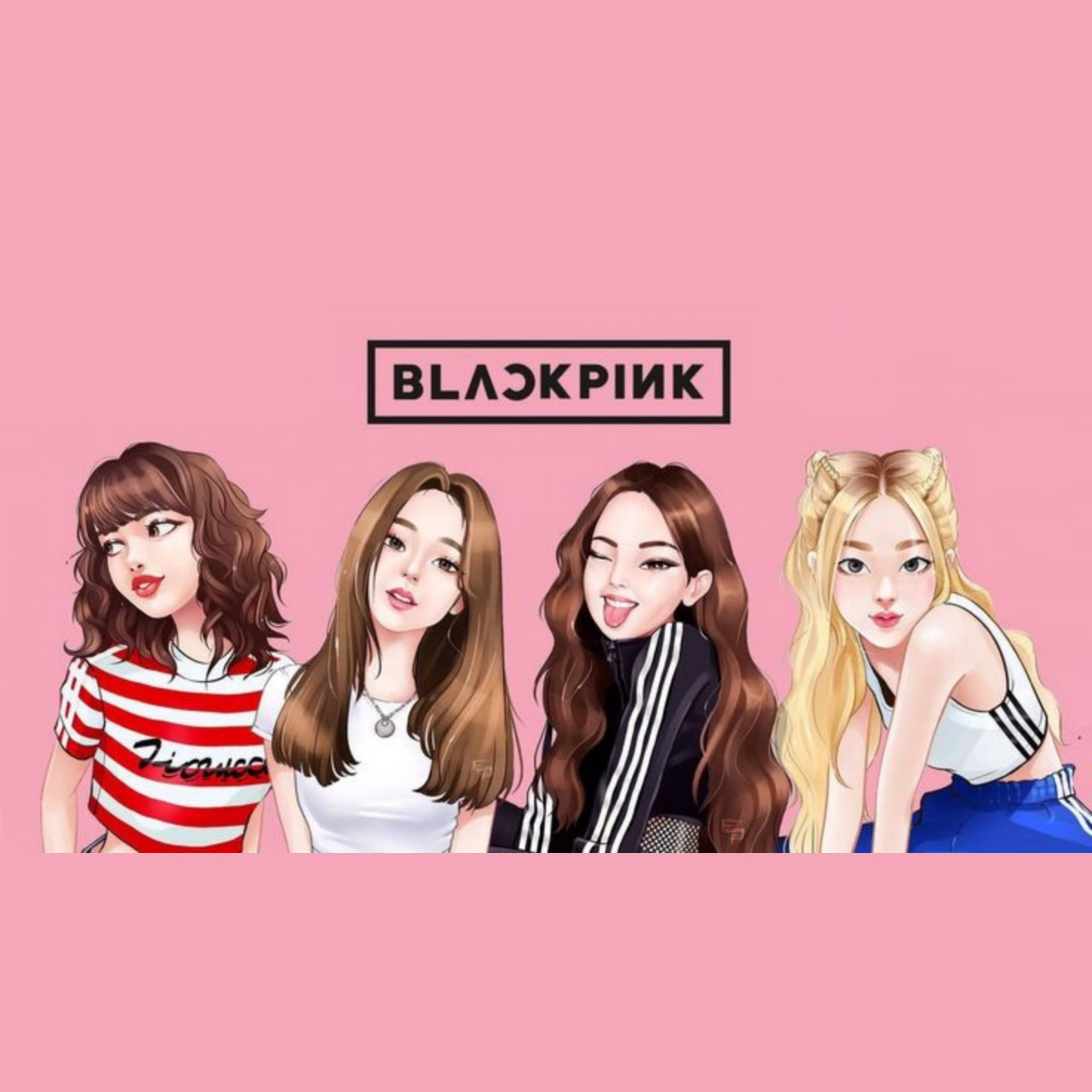 Blackpink, cartoon sticker, solid pink background, 2K Desktop Wallpaper