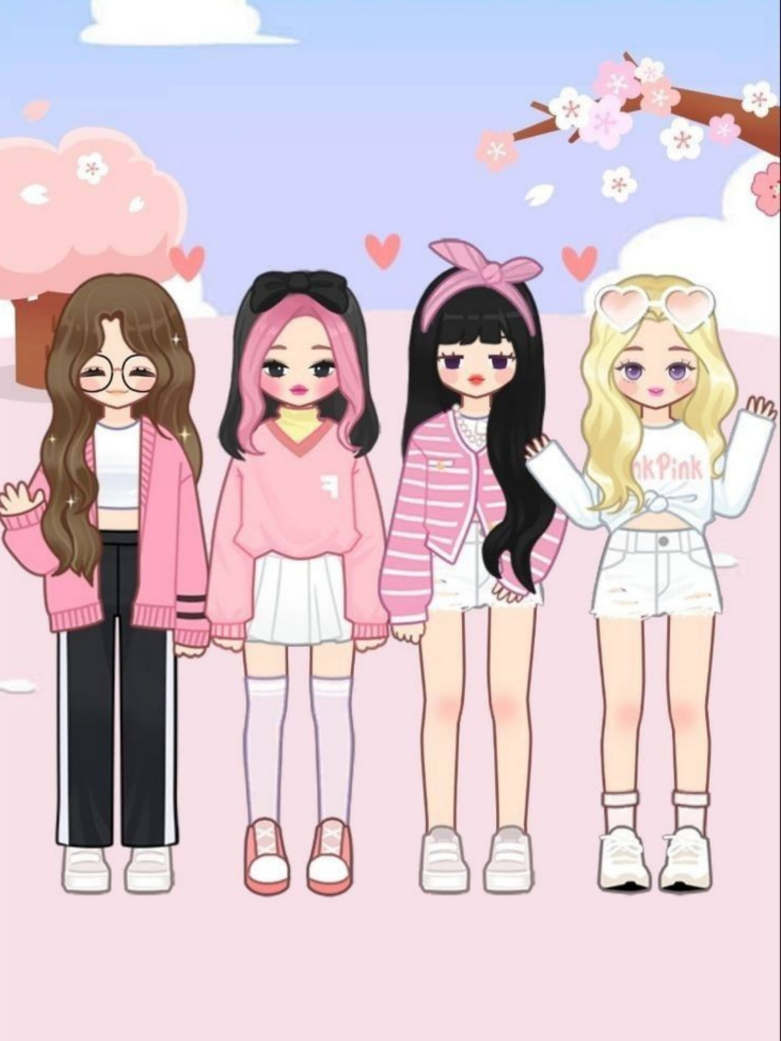 Blackpink, cartoon dolls, anime-style, 2K Phone Wallpaper