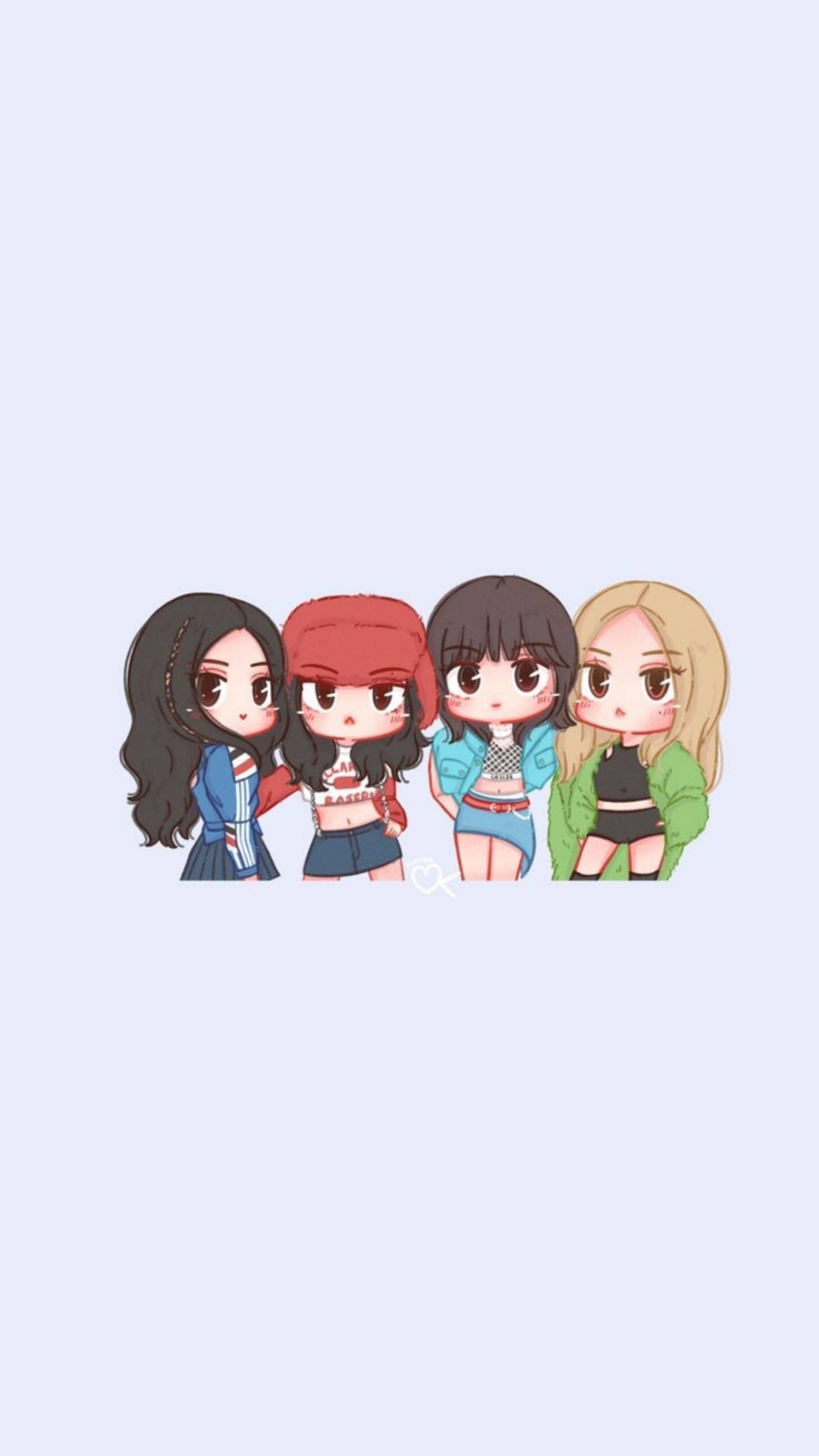 Blackpink, cartoon, chibi-style anime girls, 2K Phone Wallpaper